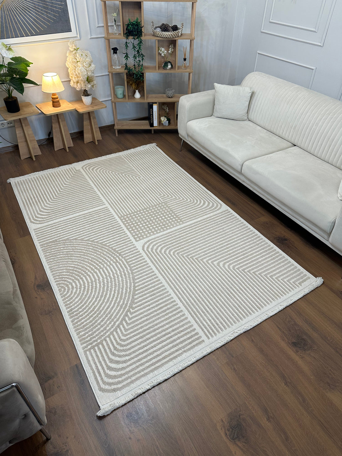 İCON T-LP03 BEJ Kabartmalı Modern Geometrik Desenli Salon Halısı