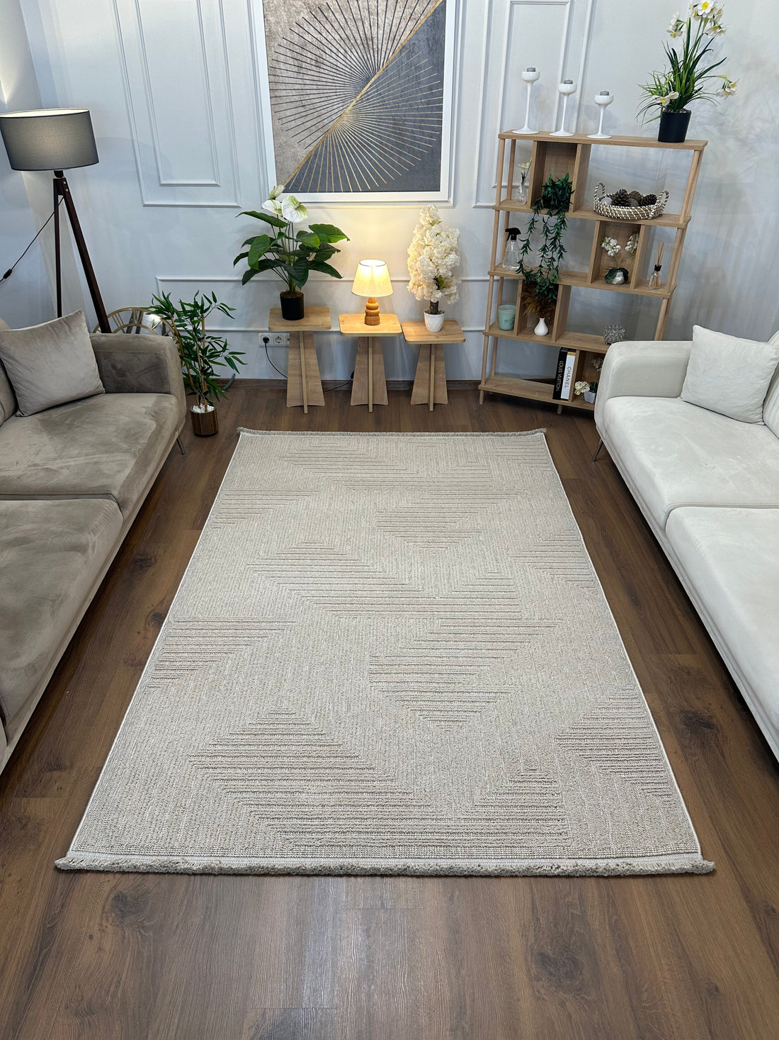 İCON T-LP06 BEJ Kabartmalı Modern Geometrik Desenli Salon Halısı