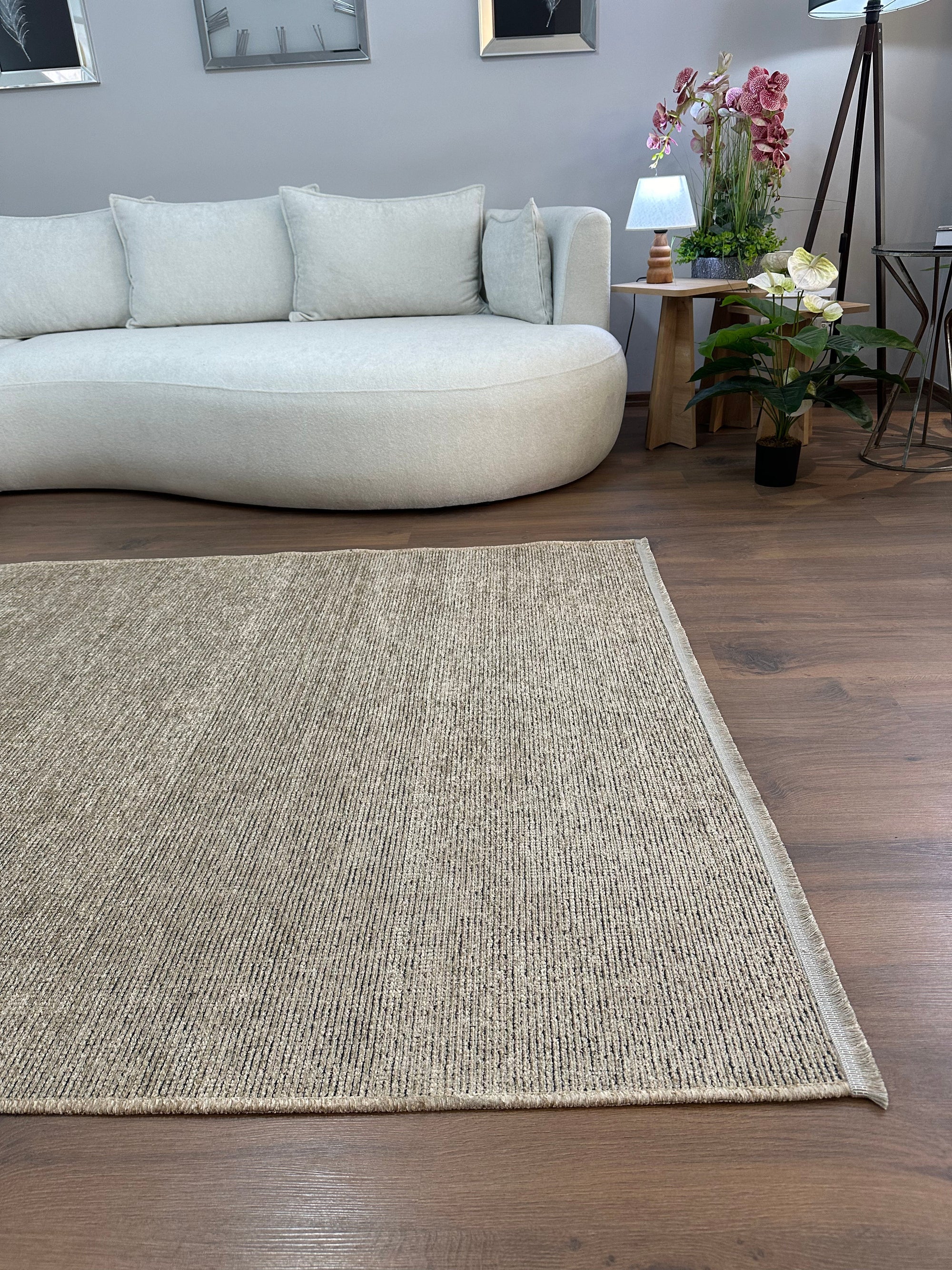 ŞÖNİL SUDE-BEJ Makinede Yıkanabilir Modern Sade Desenli Salon Koridor Mutfak Şönil Dokuma Halı