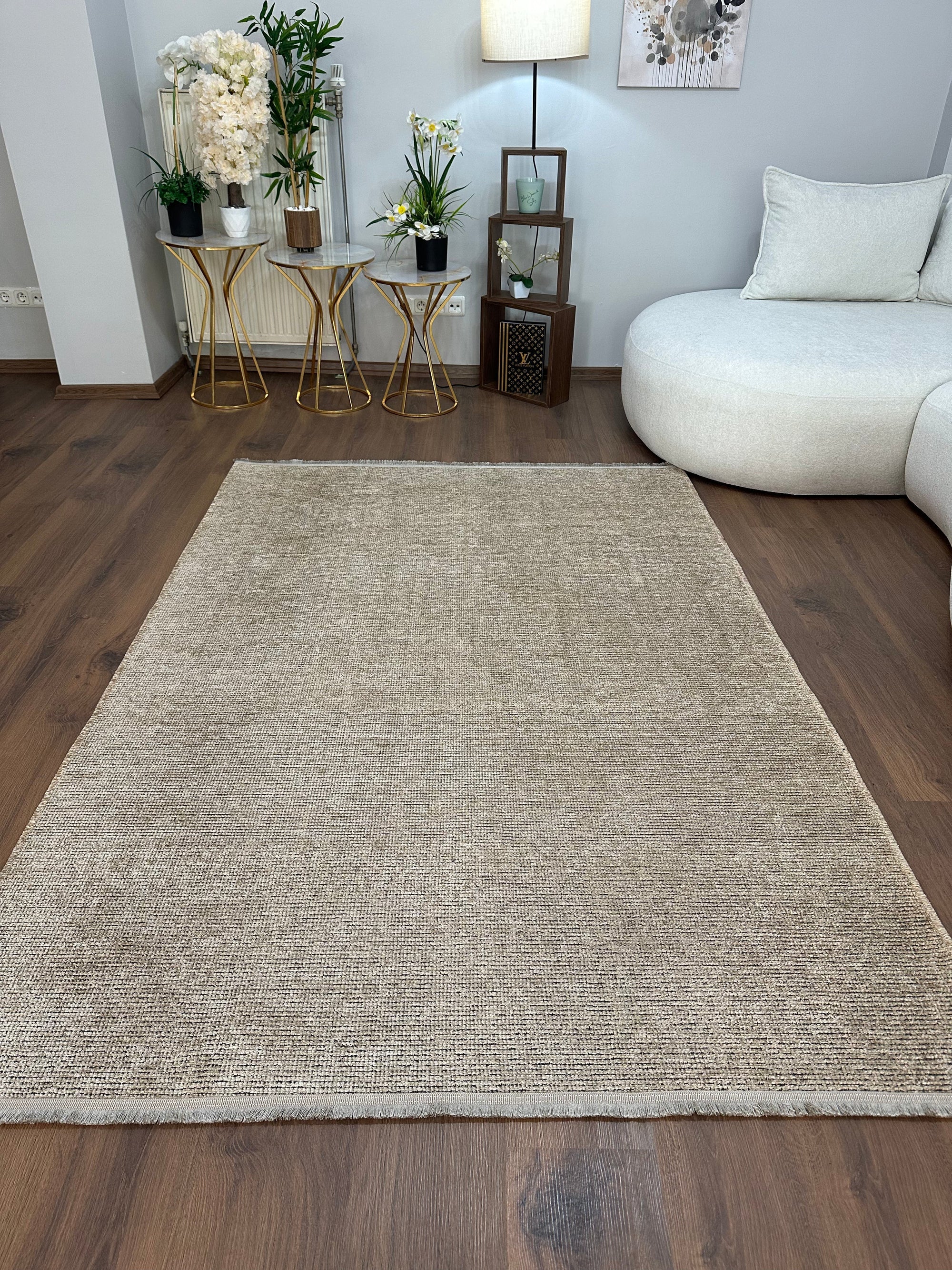 ŞÖNİL SUDE-BEJ Makinede Yıkanabilir Modern Sade Desenli Salon Koridor Mutfak Şönil Dokuma Halı