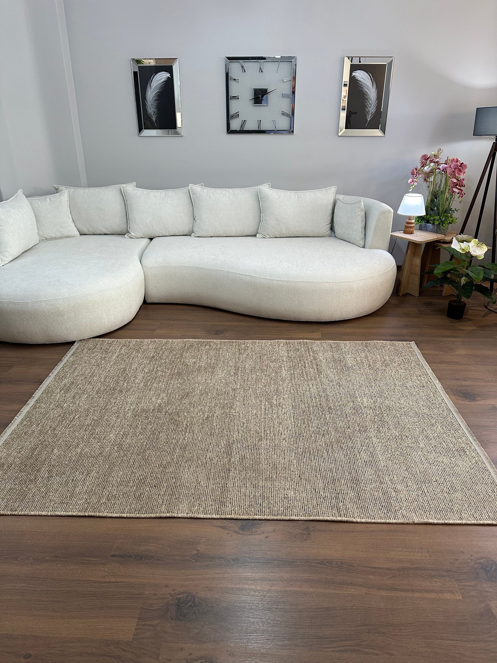 ŞÖNİL SUDE-BEJ Makinede Yıkanabilir Modern Sade Desenli Salon Koridor Mutfak Şönil Dokuma Halı