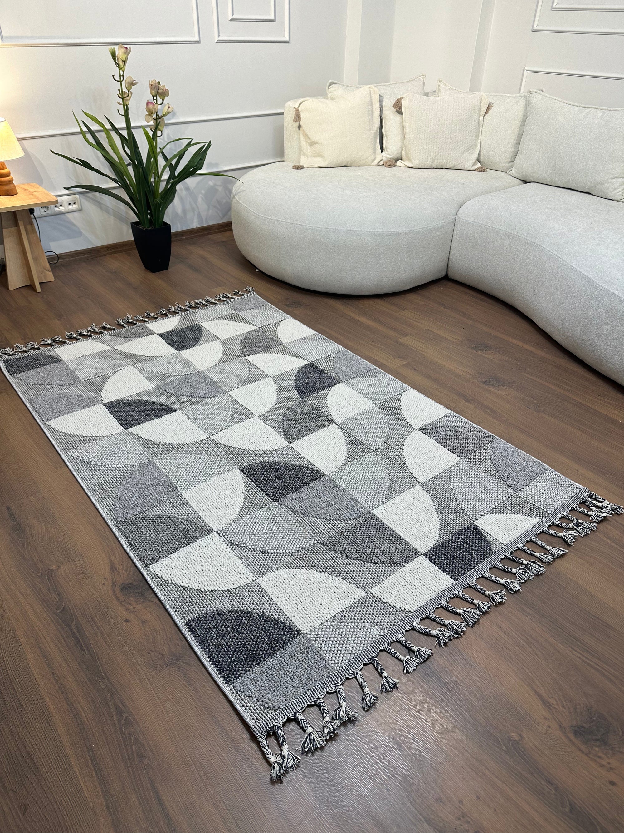 OSLO T-02 GRİ/BEYAZ Yumuşak Bukle (Loop) Dokuma Geometrik Desenli Salon Mutfak Koridor Halısı