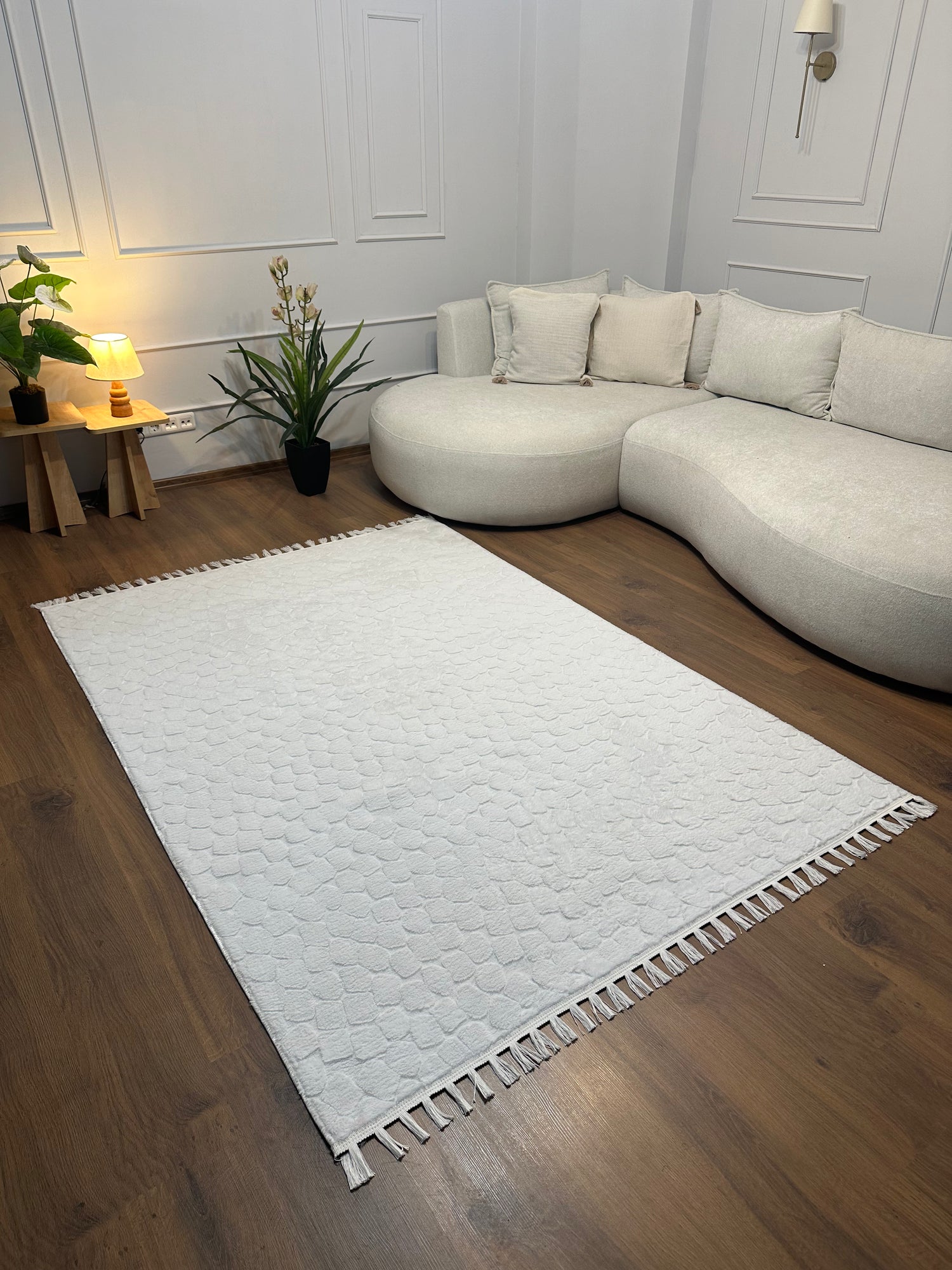 TAVŞAN TAŞ DESEN - BEYAZ KAYMAZ TABAN PUFFY SHAGGY YATAK ODASI HALISI