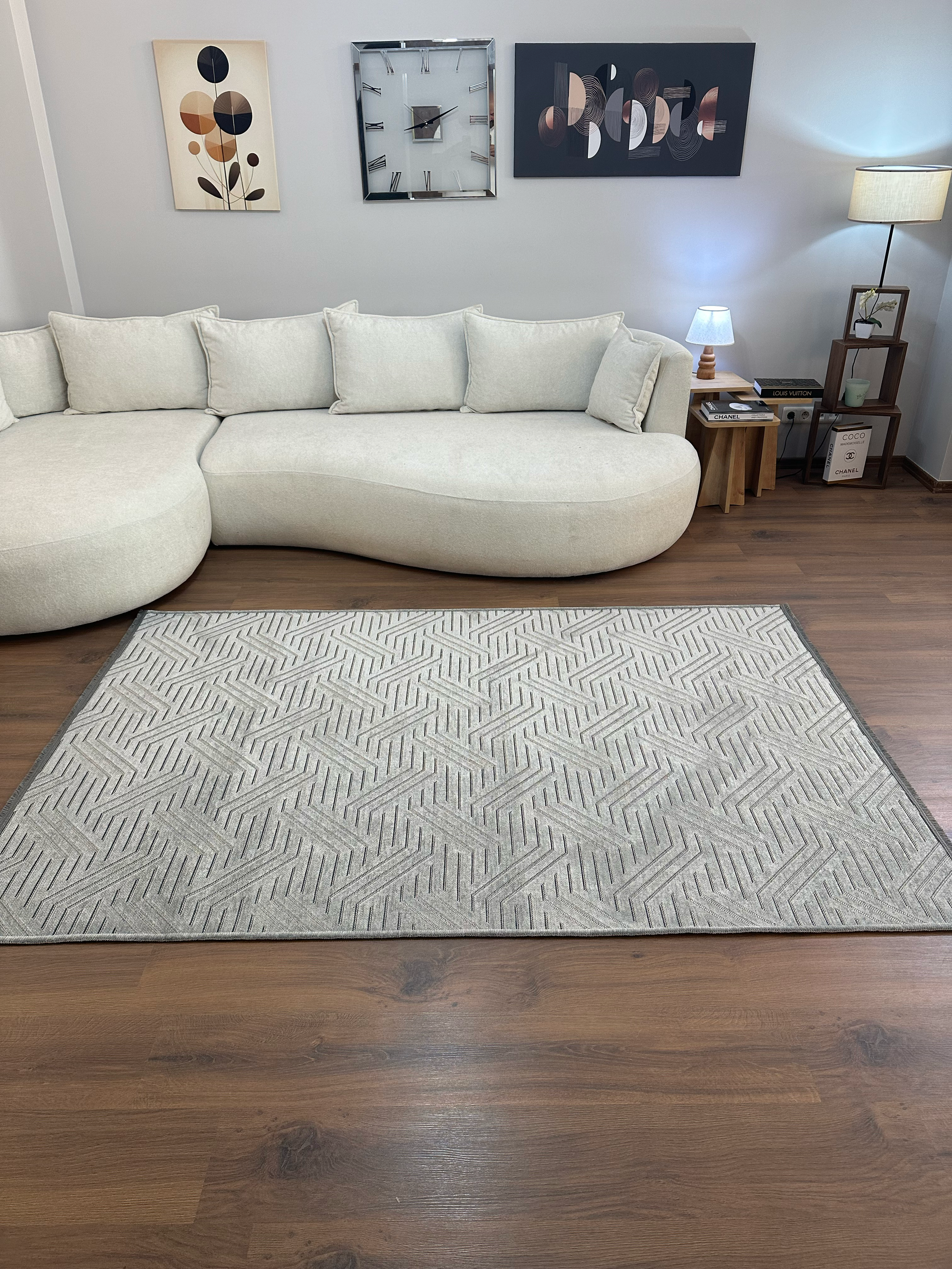 ŞÖNİL PERLA - GRİ Makinede Yıkanabilir Geometrik Modern Desenli Salon Koridor Mutfak Şönil Dokuma Halı