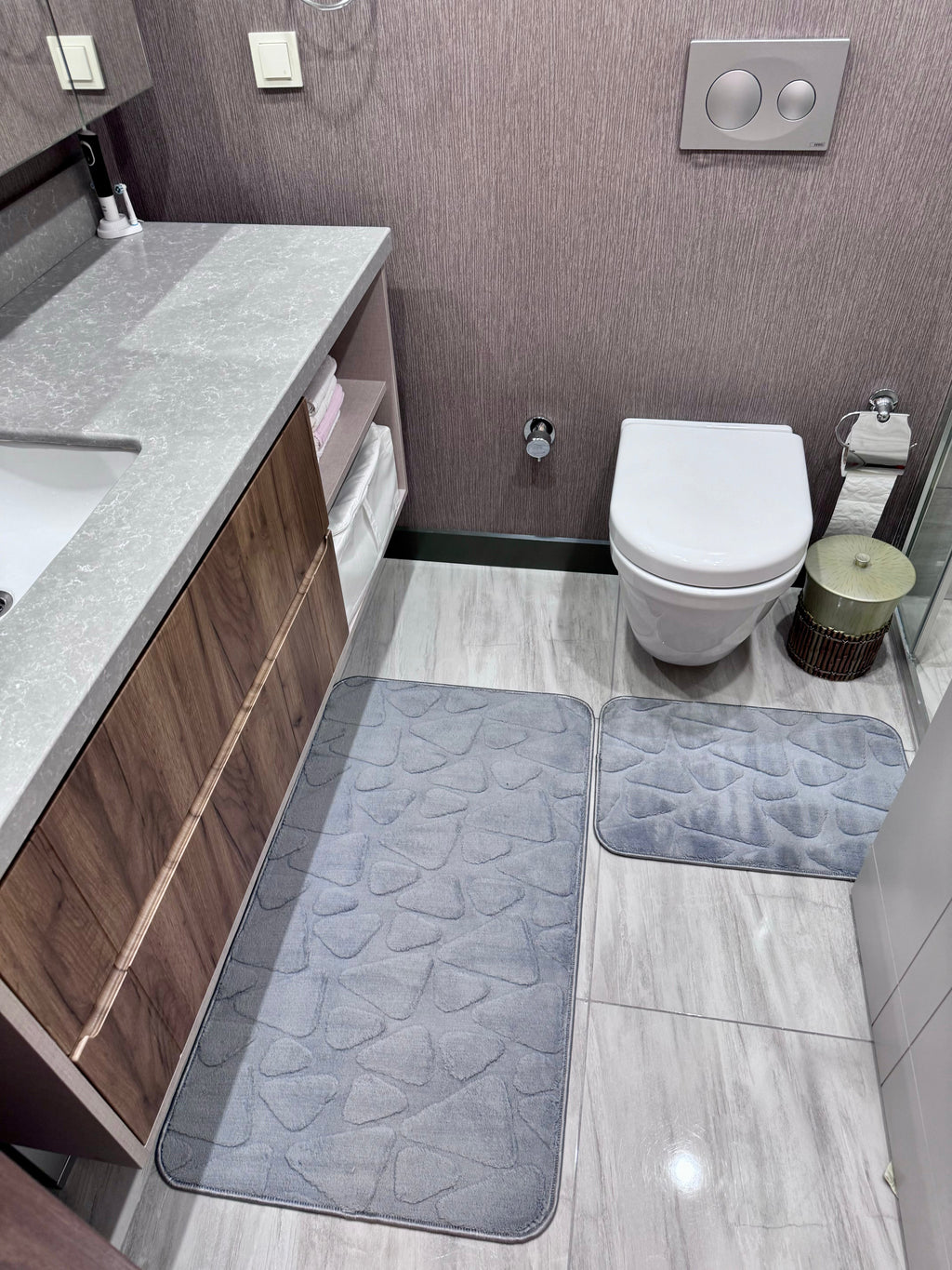 GRİ - Yıkanabilir Kaymaz Taban 60x100 50x60 2'li Banyo Paspas ve Klozet Takımı