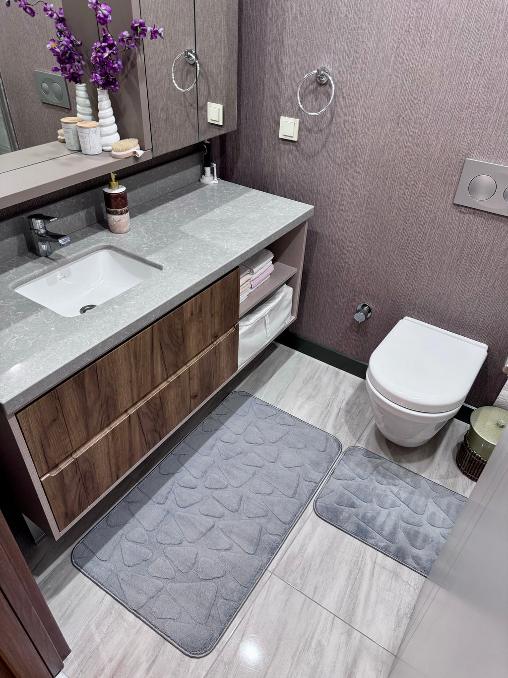 GRİ - Yıkanabilir Kaymaz Taban 60x100 50x60 2'li Banyo Paspas ve Klozet Takımı