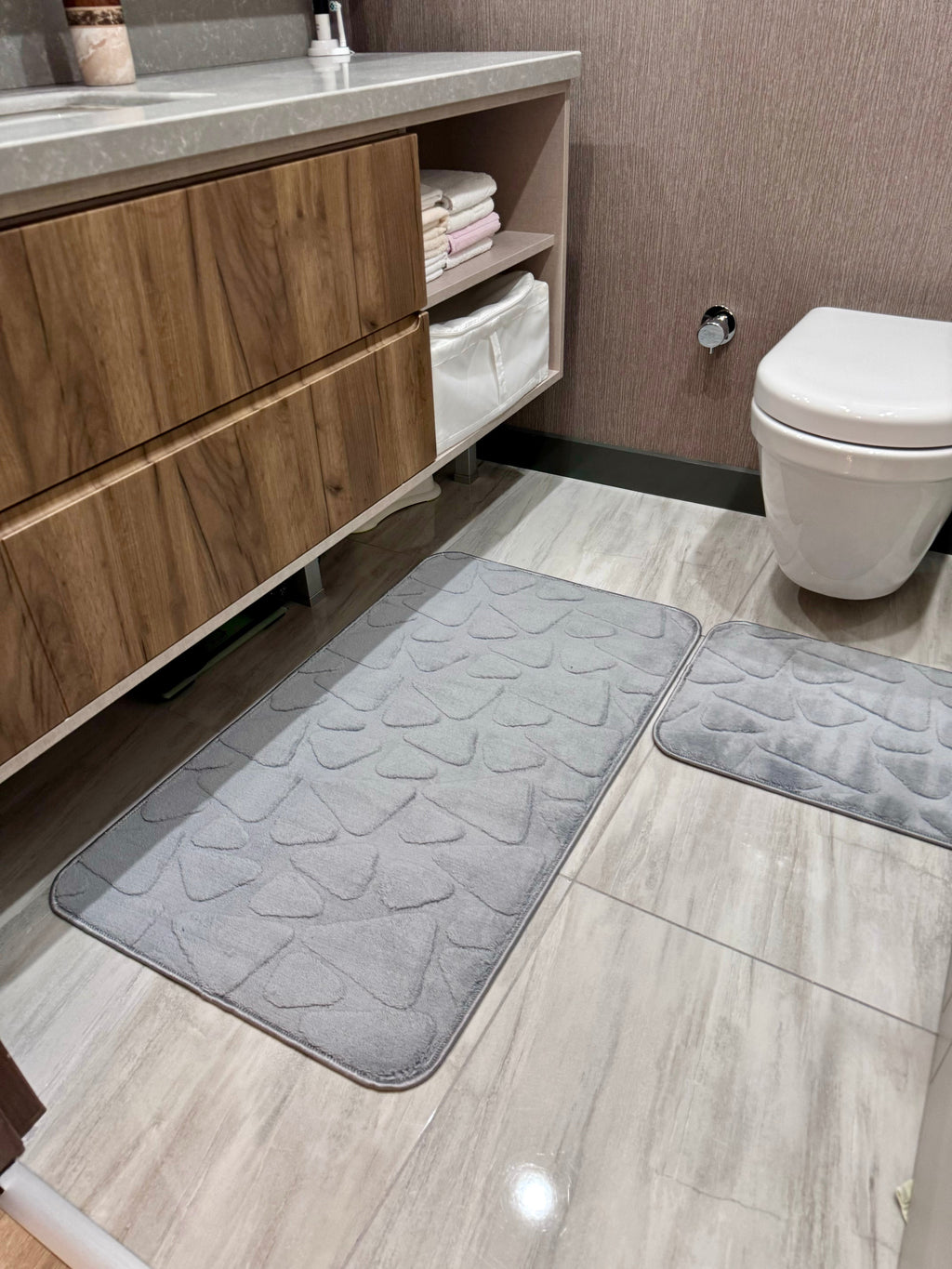 GRİ - Yıkanabilir Kaymaz Taban 60x100 50x60 2'li Banyo Paspas ve Klozet Takımı