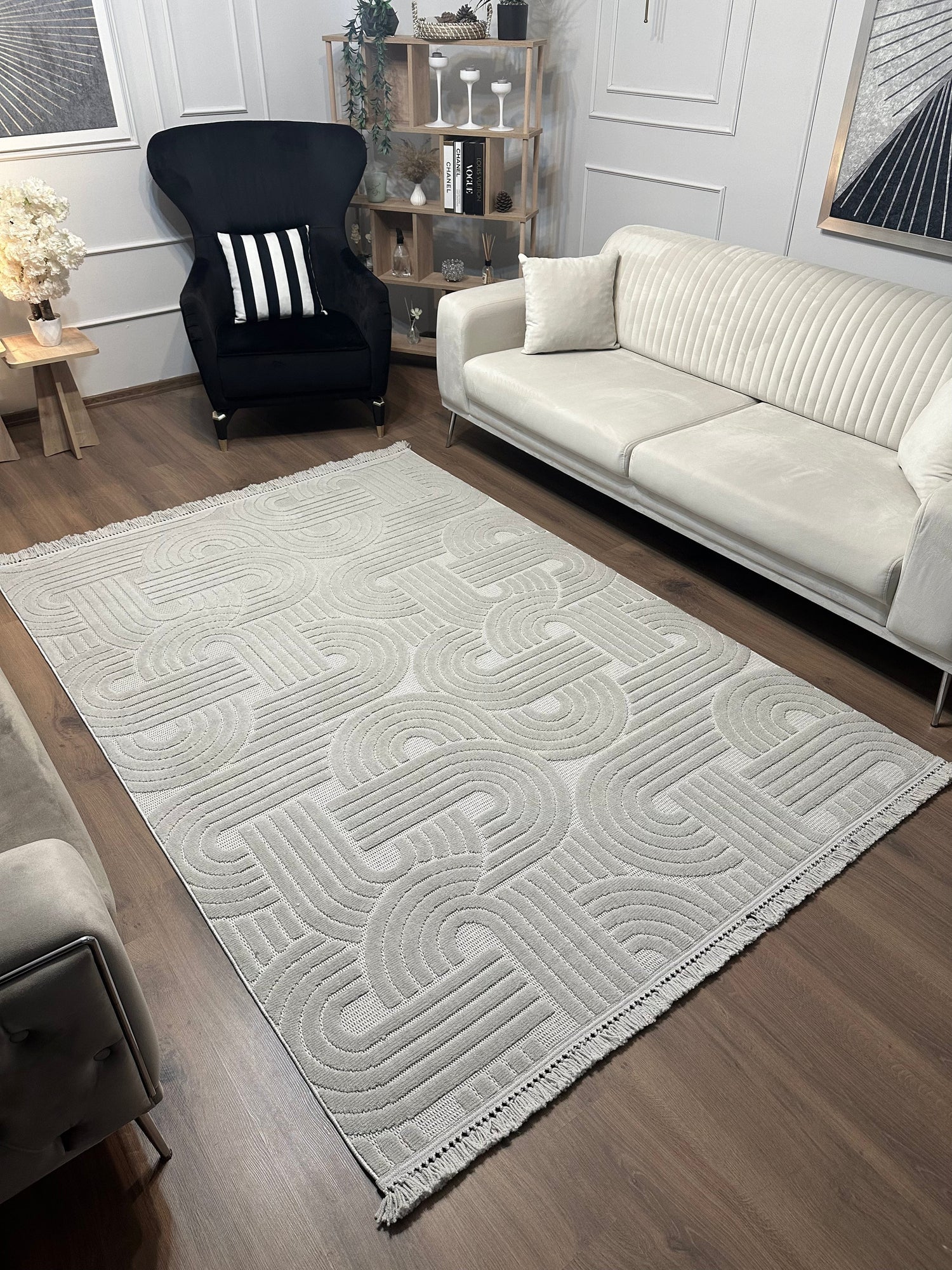 MİLAS C42-GRİ Kabartmalı Kaymaz Taban Modern Geometrik Desenli Salon Koridor Mutfak Halısı