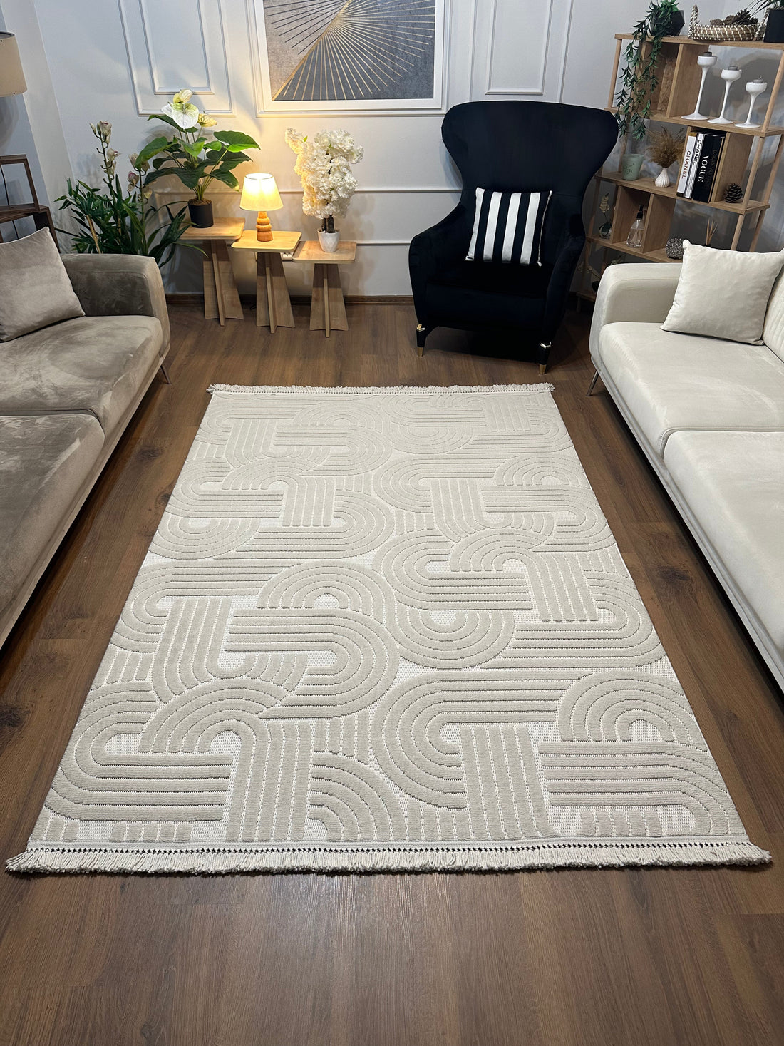 MİLAS C40-KREM Kabartmalı Kaymaz Taban Geometrik Desenli Salon Halısı