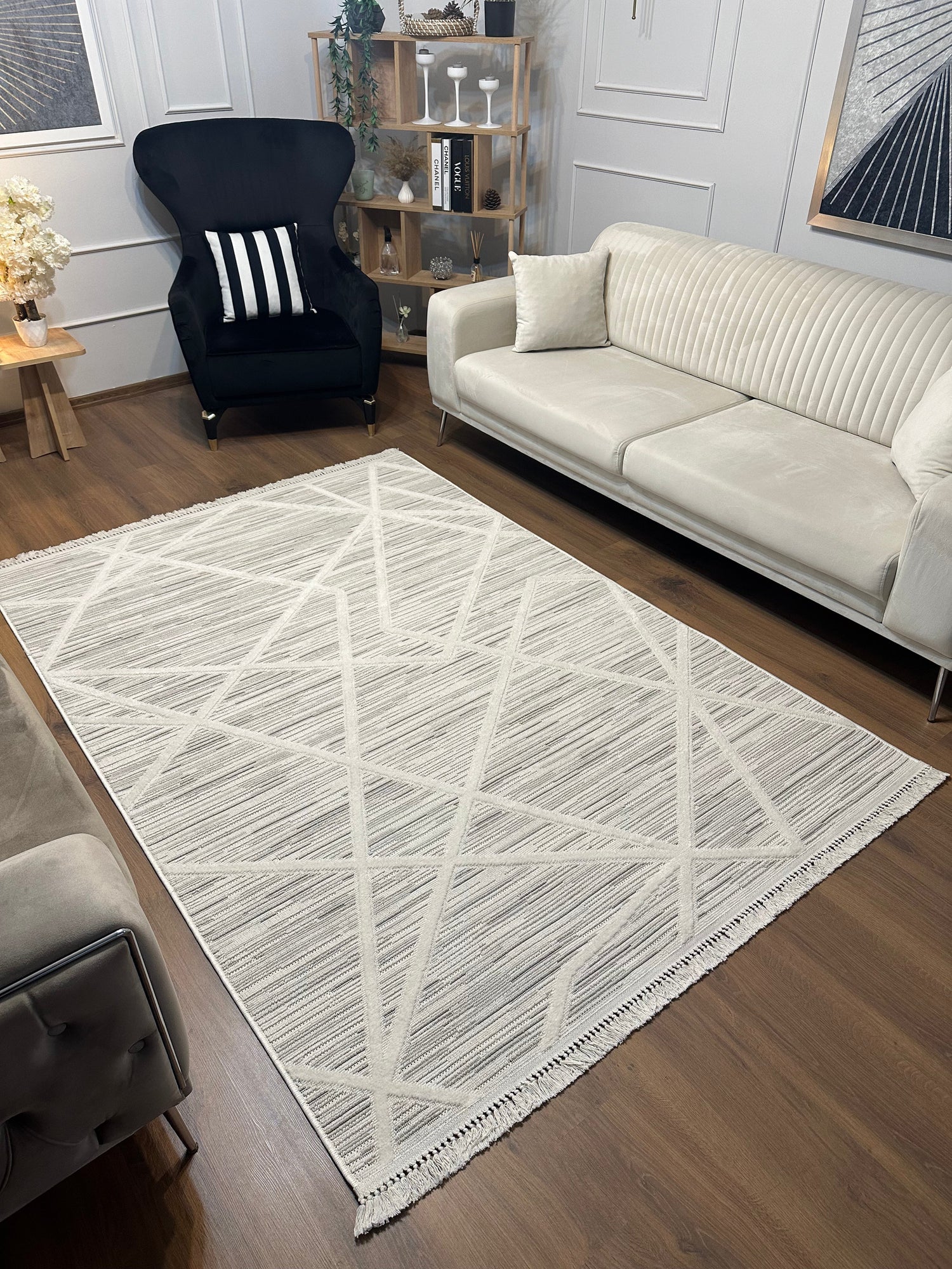 İCON T-PE04-KREM Kabartmalı Modern Geometrik Desenli Salon Halısı