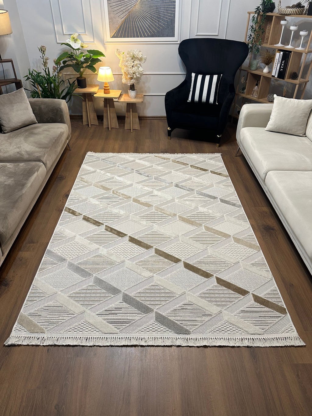 İCON T-PE01-KREM Modern Geometrik Desenli Salon Koridor Mutfak Halısı
