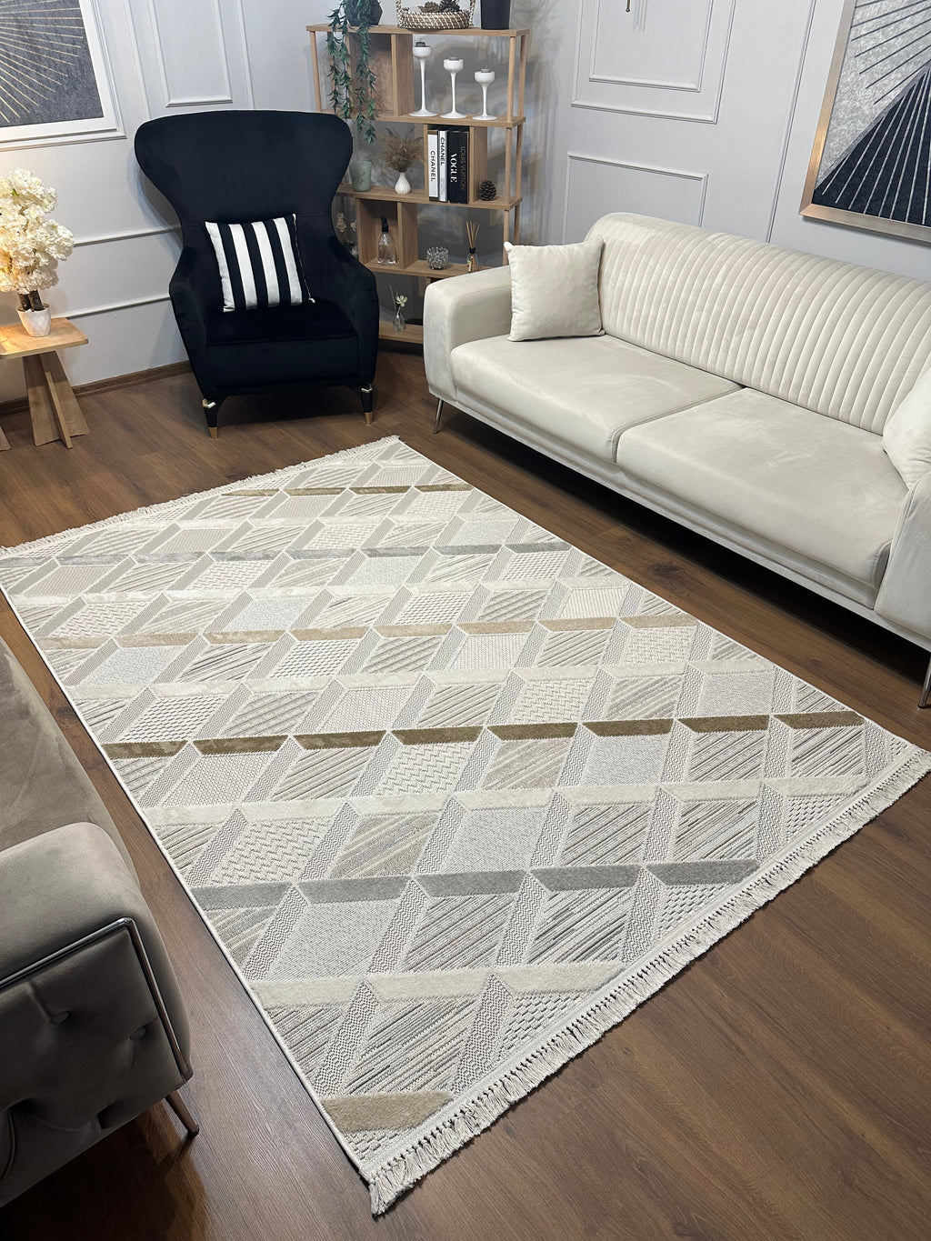 İCON T-PE01-KREM Modern Geometrik Desenli Salon Koridor Mutfak Halısı