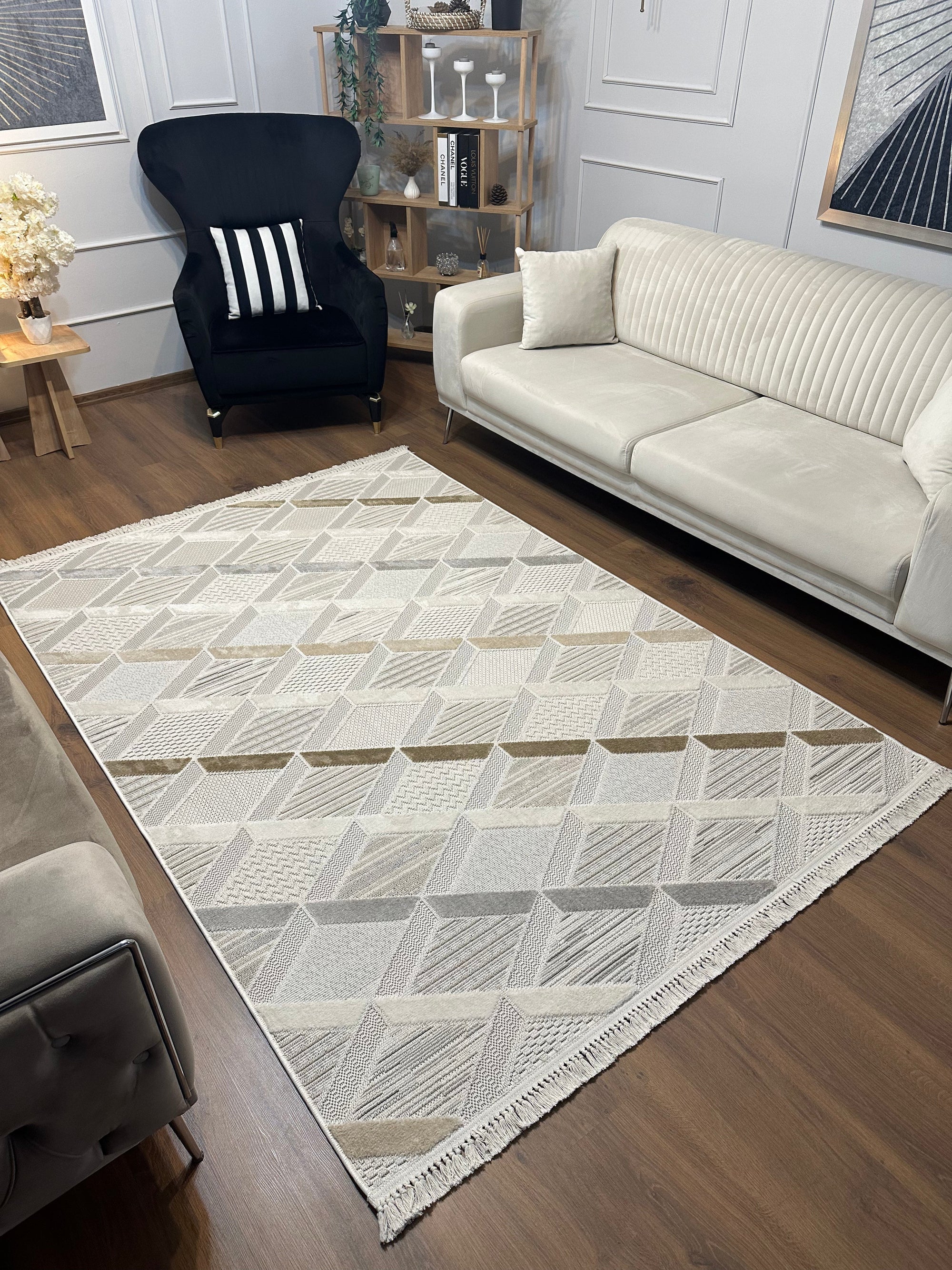 İCON T-PE01-KREM Modern Geometrik Desenli Salon Koridor Mutfak Halısı