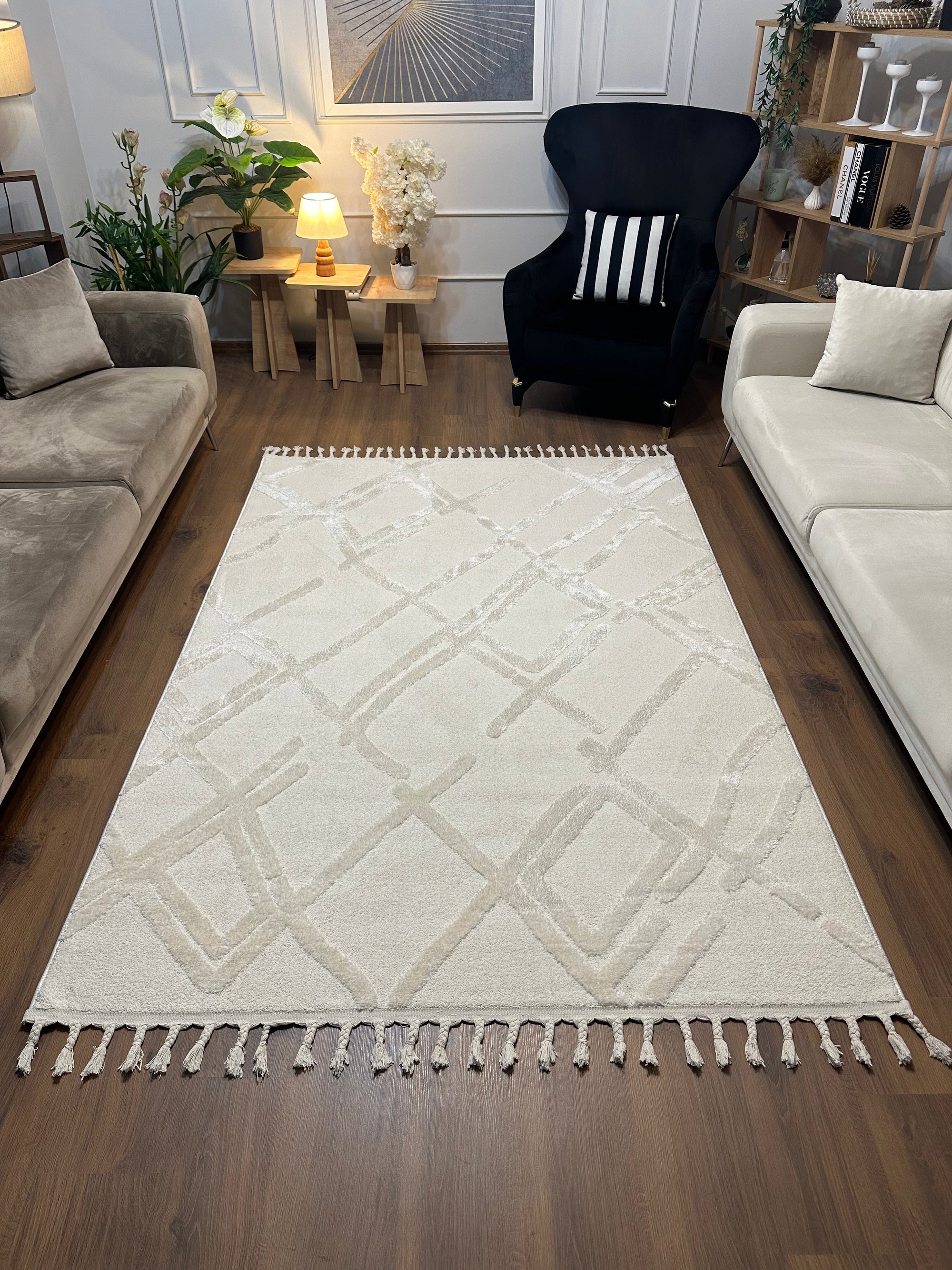 PALERMO A-11891 KREM Sık Dokuma Modern Geometrik Desenli Salon Koridor Mutfak Halısı