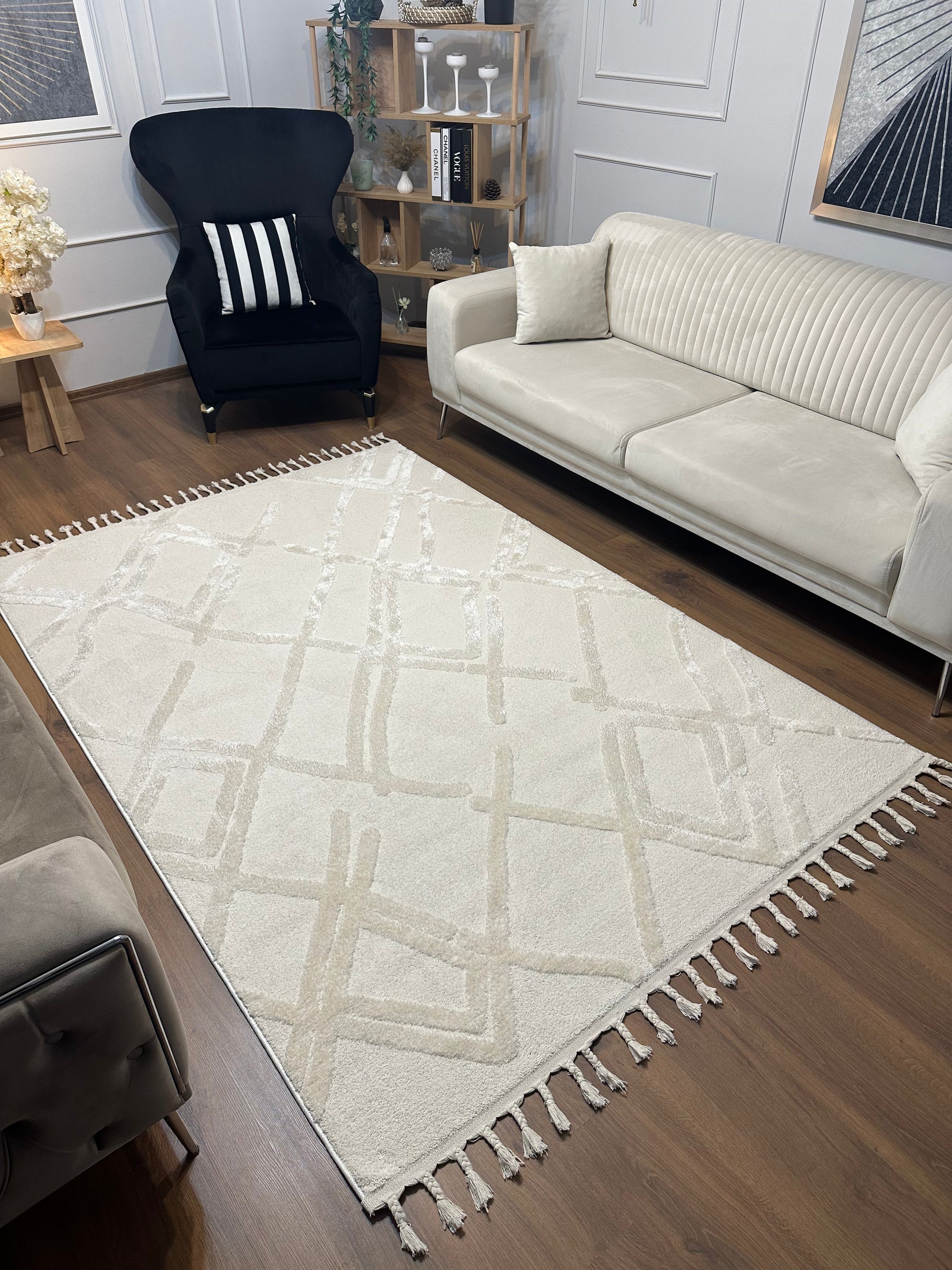PALERMO A-11891 KREM Sık Dokuma Modern Geometrik Desenli Salon Koridor Mutfak Halısı