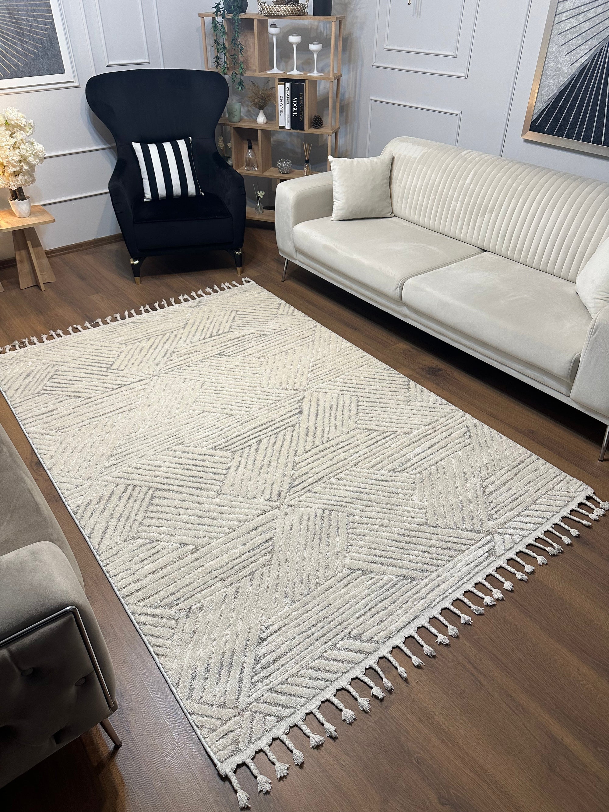 PALERMO A-11487 KREM Sık Dokuma Modern Geometrik Desenli Salon Koridor Mutfak Halısı
