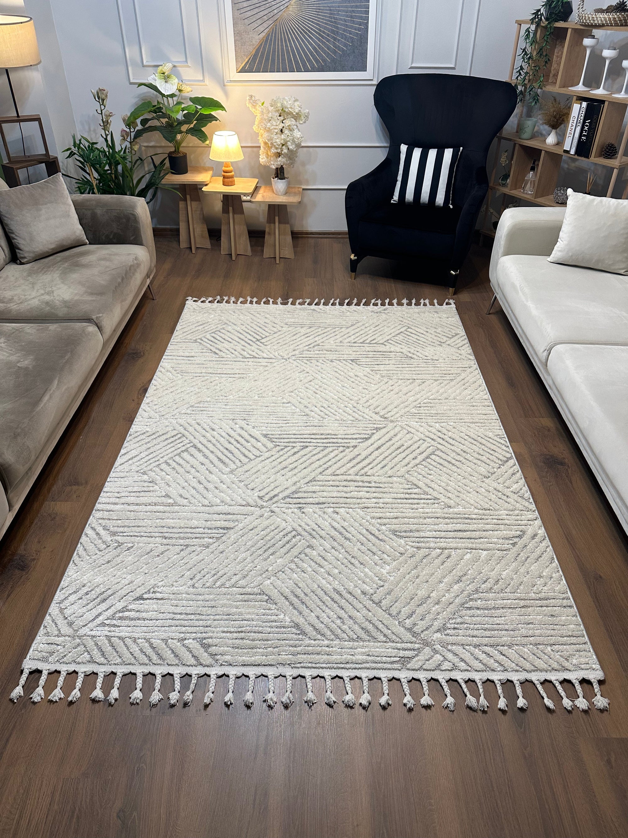 PALERMO A-11487 KREM Sık Dokuma Modern Geometrik Desenli Salon Koridor Mutfak Halısı