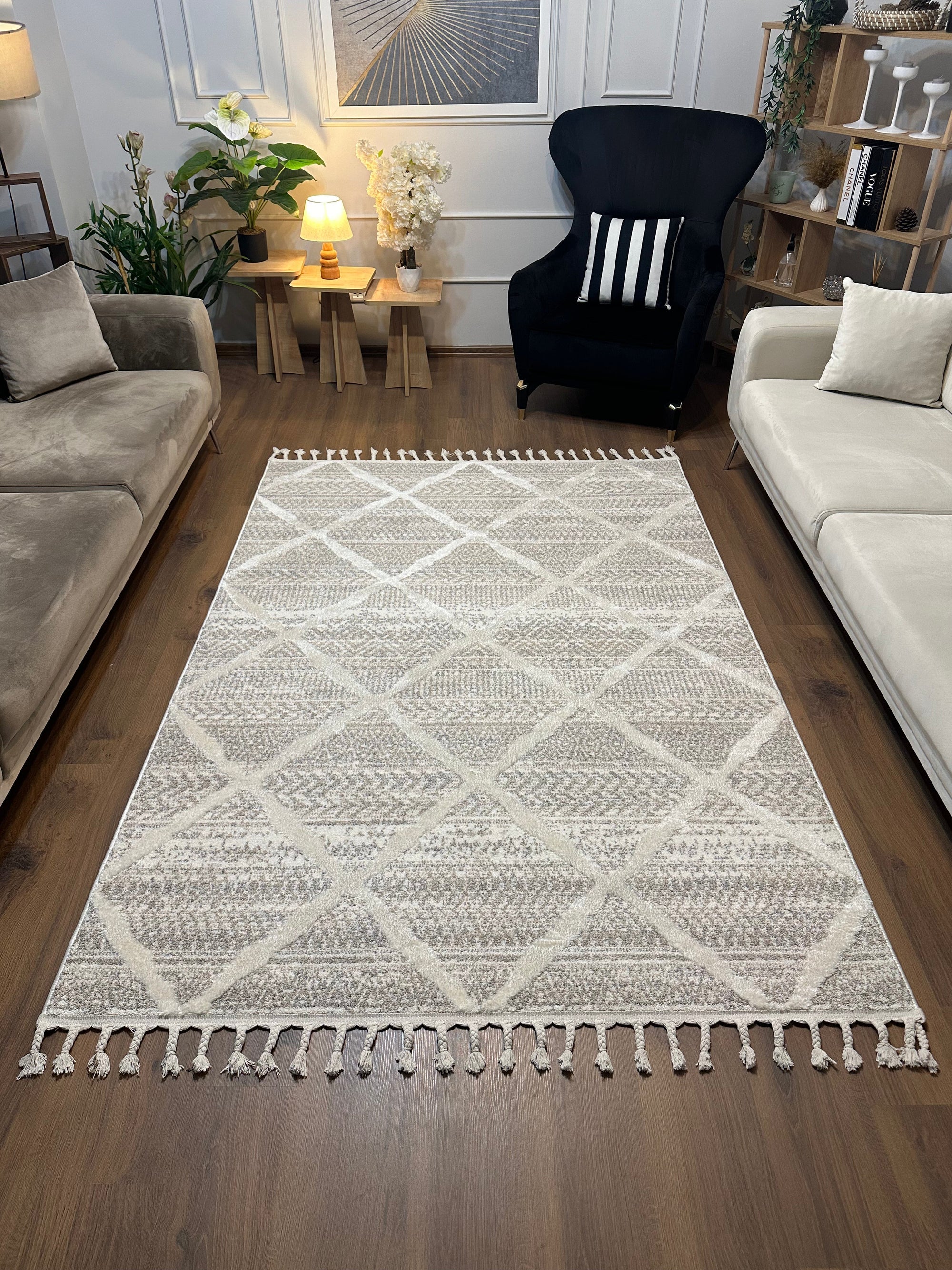 PALERMO A-10692 KREM KSık Dokuma Modern Geometrik Desenli Salon Koridor Mutfak Halısı