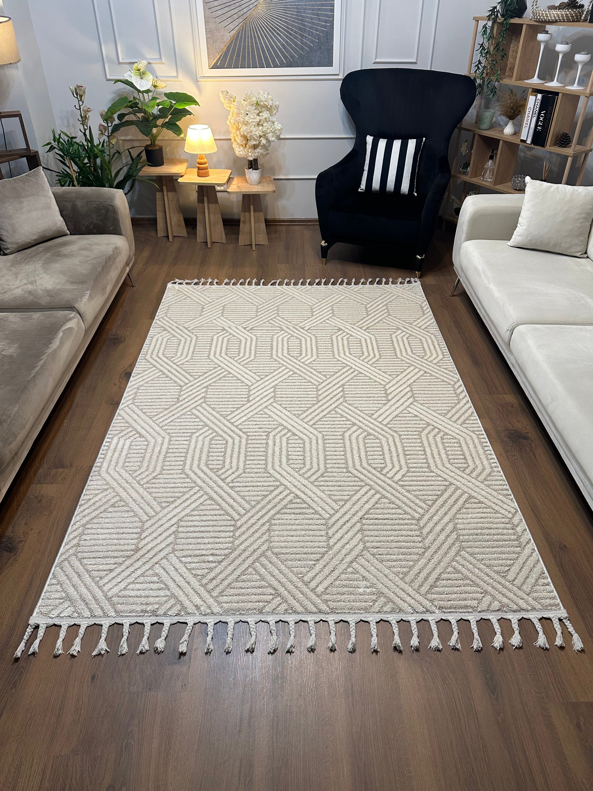 PALERMO A-10502 BEJ Sık Dokuma Modern Geometrik Desenli Salon Koridor Mutfak Halısı