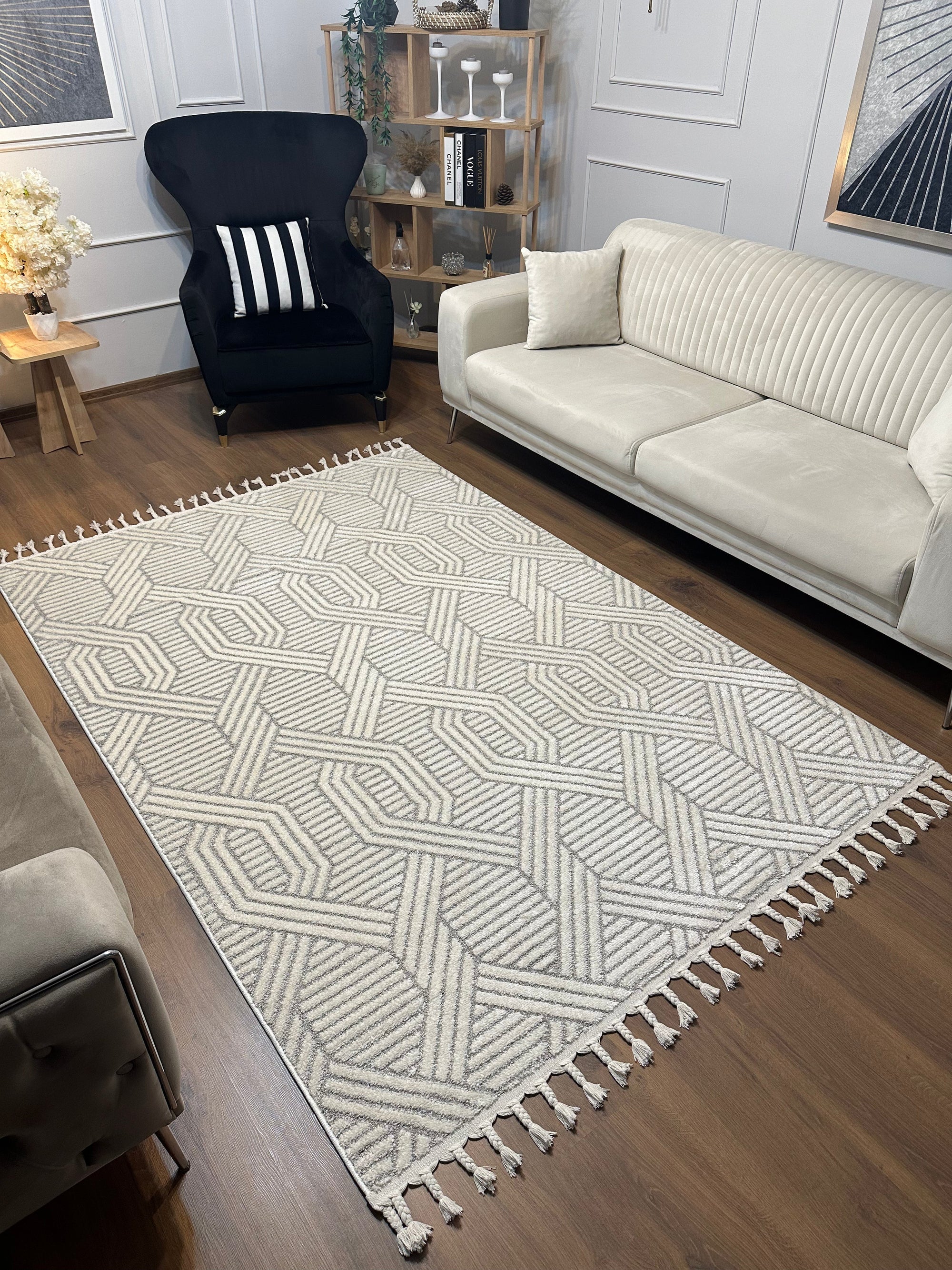 PALERMO A-10502 BEJ Sık Dokuma Modern Geometrik Desenli Salon Koridor Mutfak Halısı