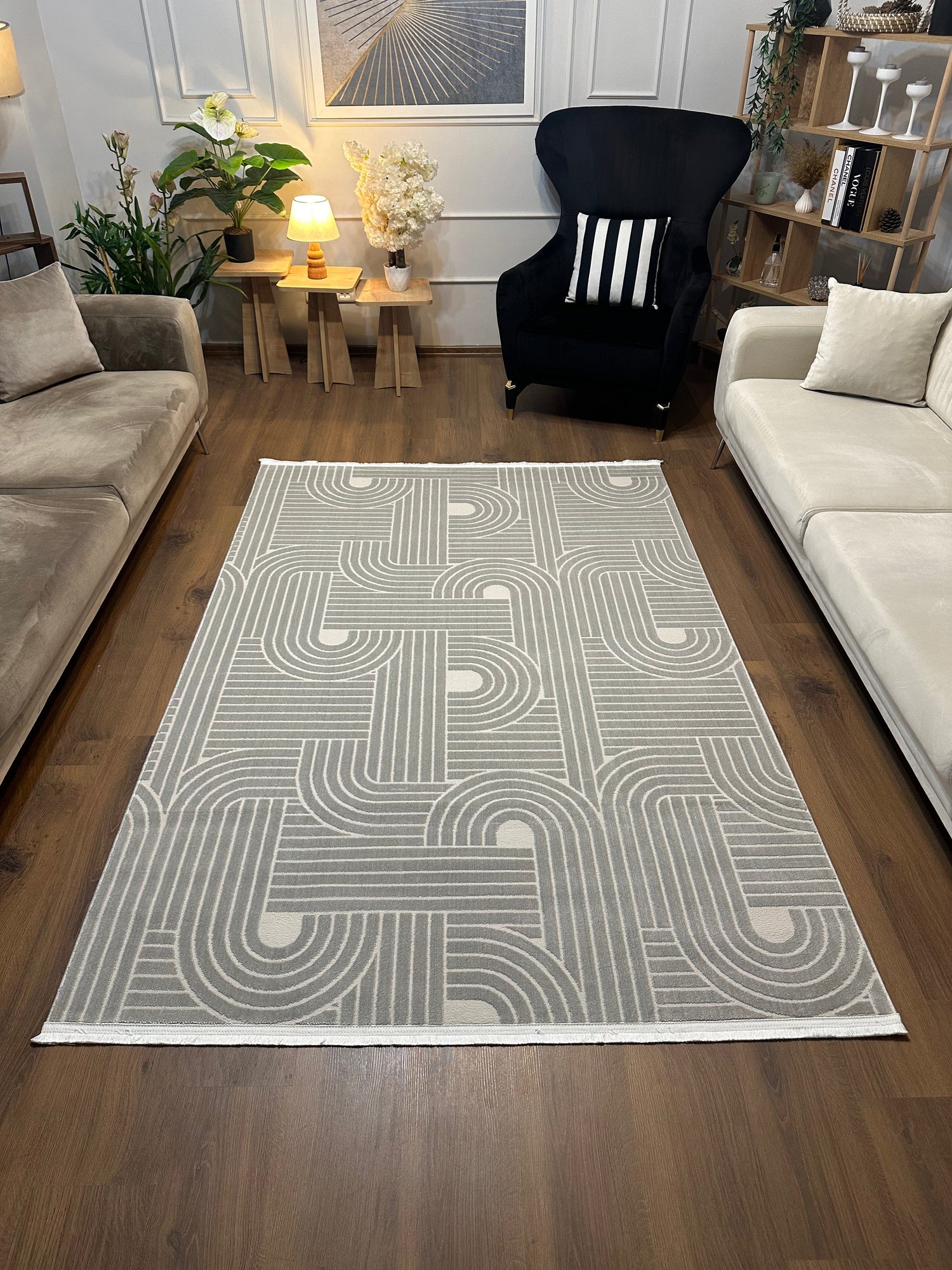 SÜMER A-2012 GRİ Kaymaz Taban Sentetik Bambu Geometrik Desenli Parlak Saten Salon Koridor Mutfak Halısı