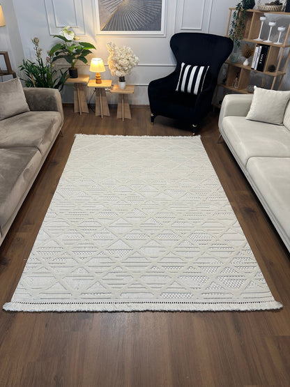 MİLAS C6-BEYAZ Kabartmalı Kaymaz Taban Geometrik Desenli Salon Halısı
