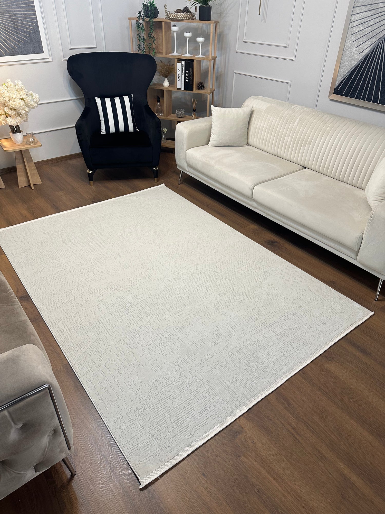 LOTUS C25-KREM Kaymaz Taban Sentetik Bambu Parlak Saten Salon Halısı-910