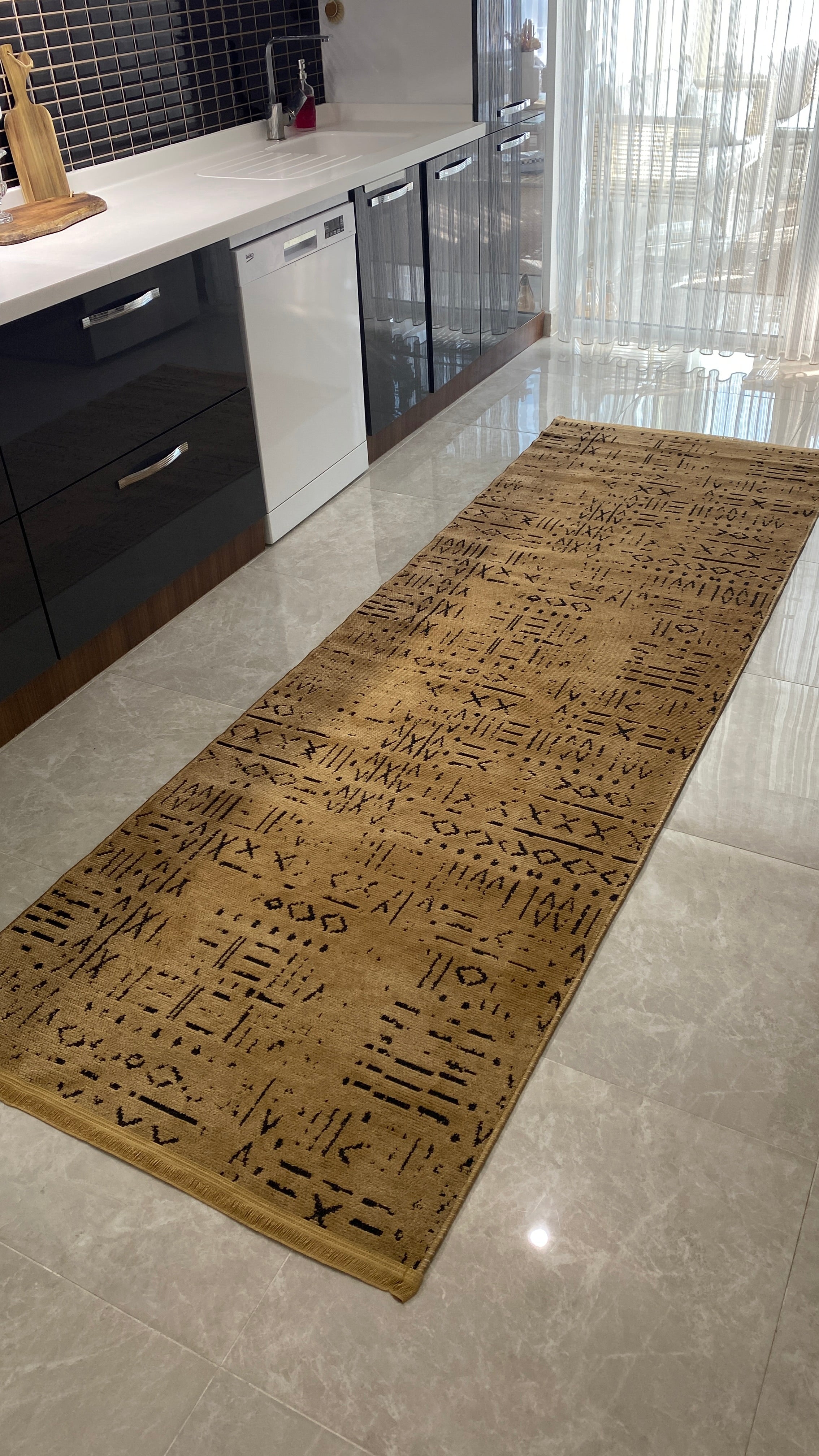 ŞÖNİL FİGÜR Kaymaz Taban İskandinav Desenli Salon Koridor Mutfak Şönil Kilim Dokuma Halı-KAHVE