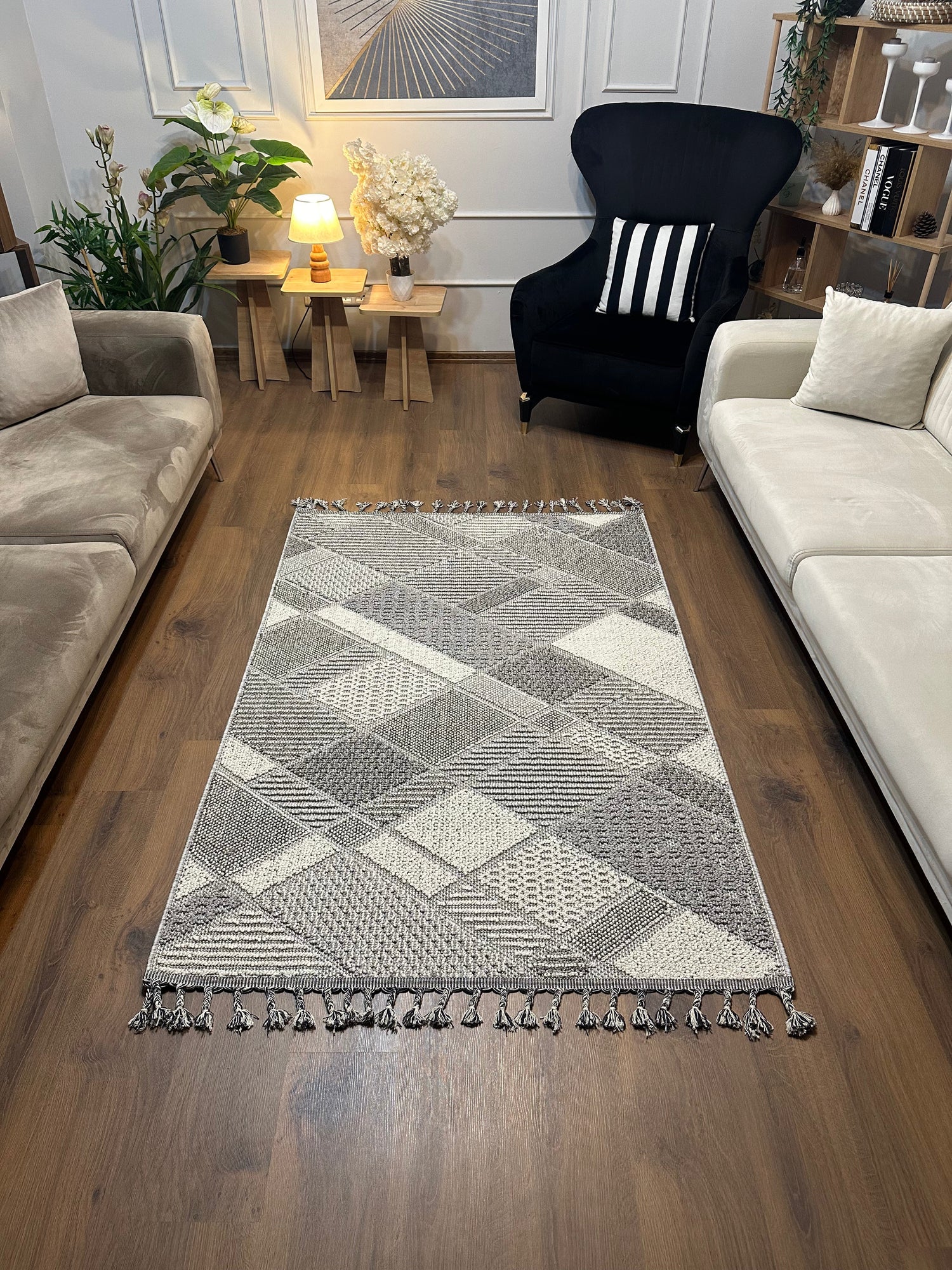 OSLO T-01 GRİ Yumuşak Bukle (Loop)  Geometrik Desenli Salon HalısI