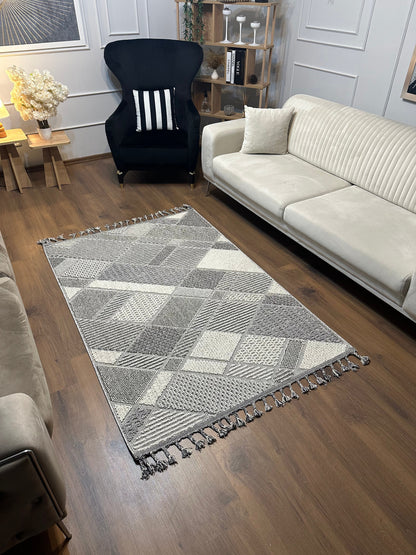 OSLO T-01 GRİ Yumuşak Bukle (Loop)  Geometrik Desenli Salon HalısI