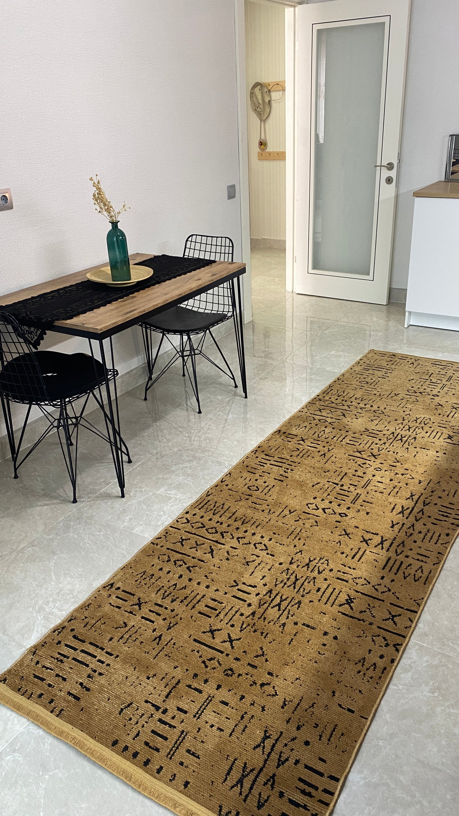 ŞÖNİL FİGÜR Kaymaz Taban İskandinav Desenli Salon Koridor Mutfak Şönil Kilim Dokuma Halı-KAHVE