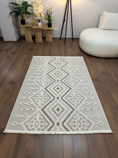 PALERMO G7-KREM/BEJKabartmalı Modern İskandinav Desenli Salon Halısı