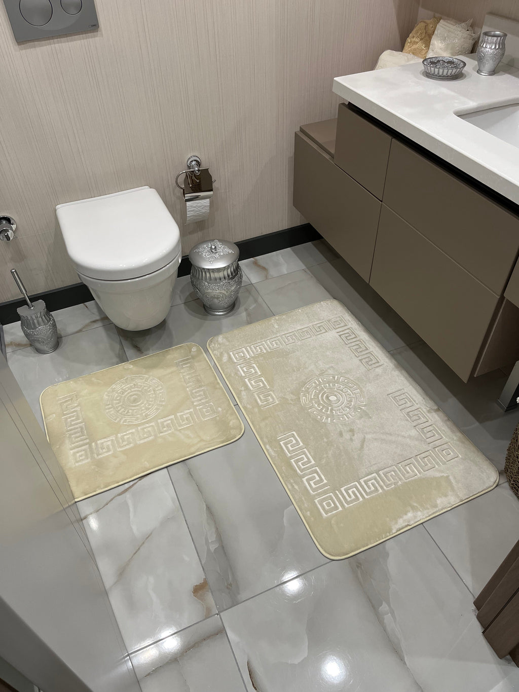 KREM - Yıkanabilir Kaymaz Taban 60x100 50x60 2'li Banyo Paspas ve Klozet Takımı
