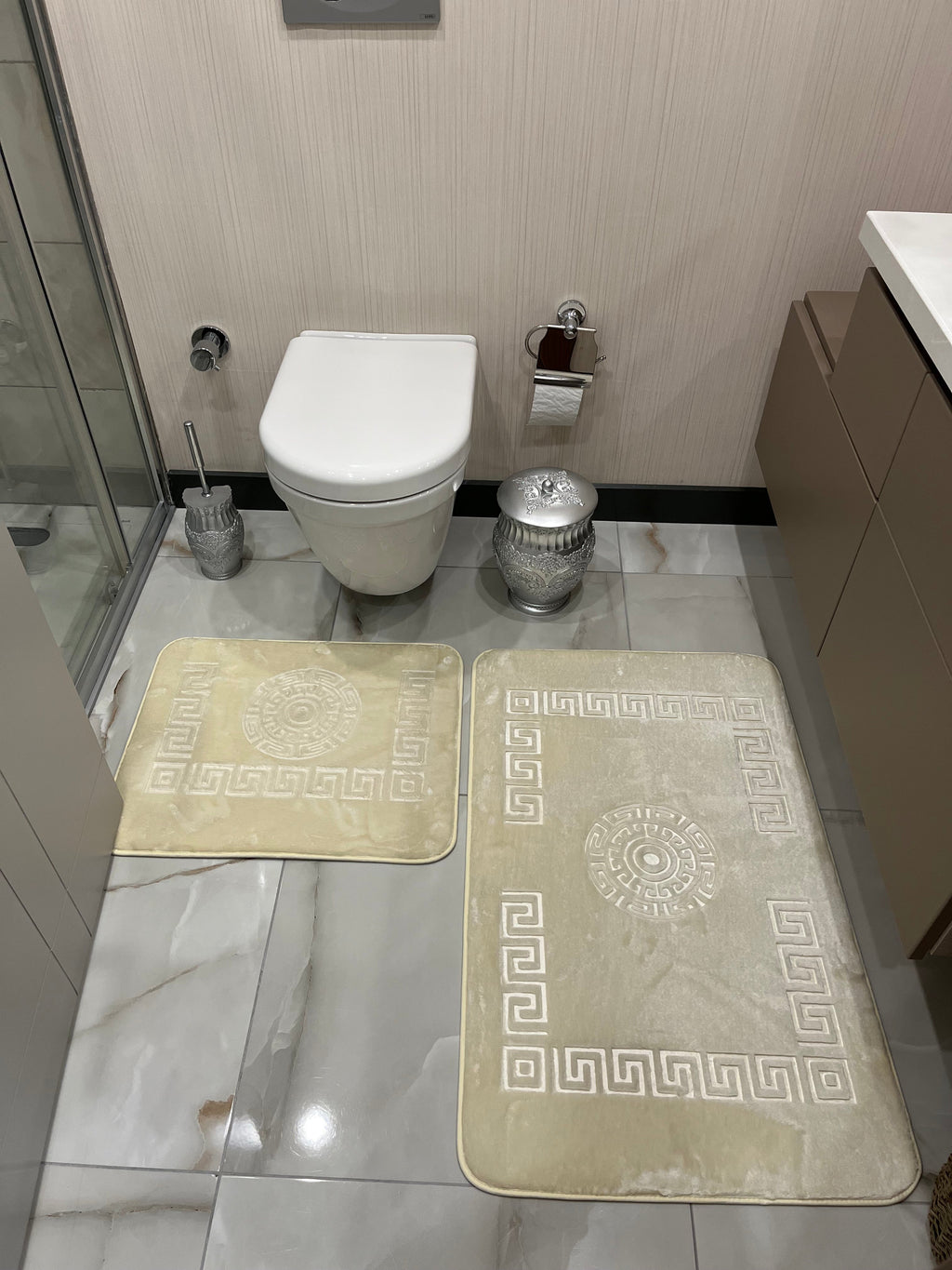 KREM - Yıkanabilir Kaymaz Taban 60x100 50x60 2'li Banyo Paspas ve Klozet Takımı