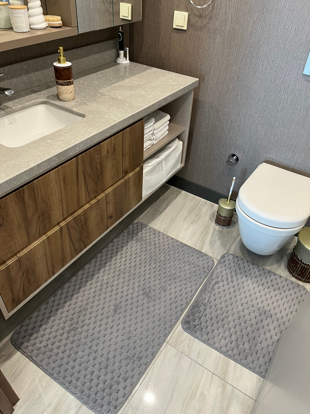 GRİ - Yıkanabilir Kaymaz Taban 60x100 50x60 2'li Banyo Paspas ve Klozet Takımı