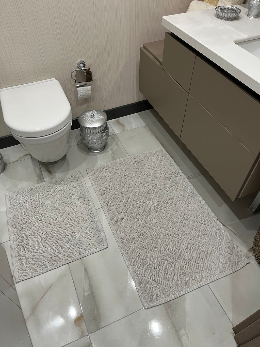 KREM - Yıkanabilir Pamuk Dokuma Taban Taban 60x100 50x60 2'li Banyo Paspas ve Klozet Takımı