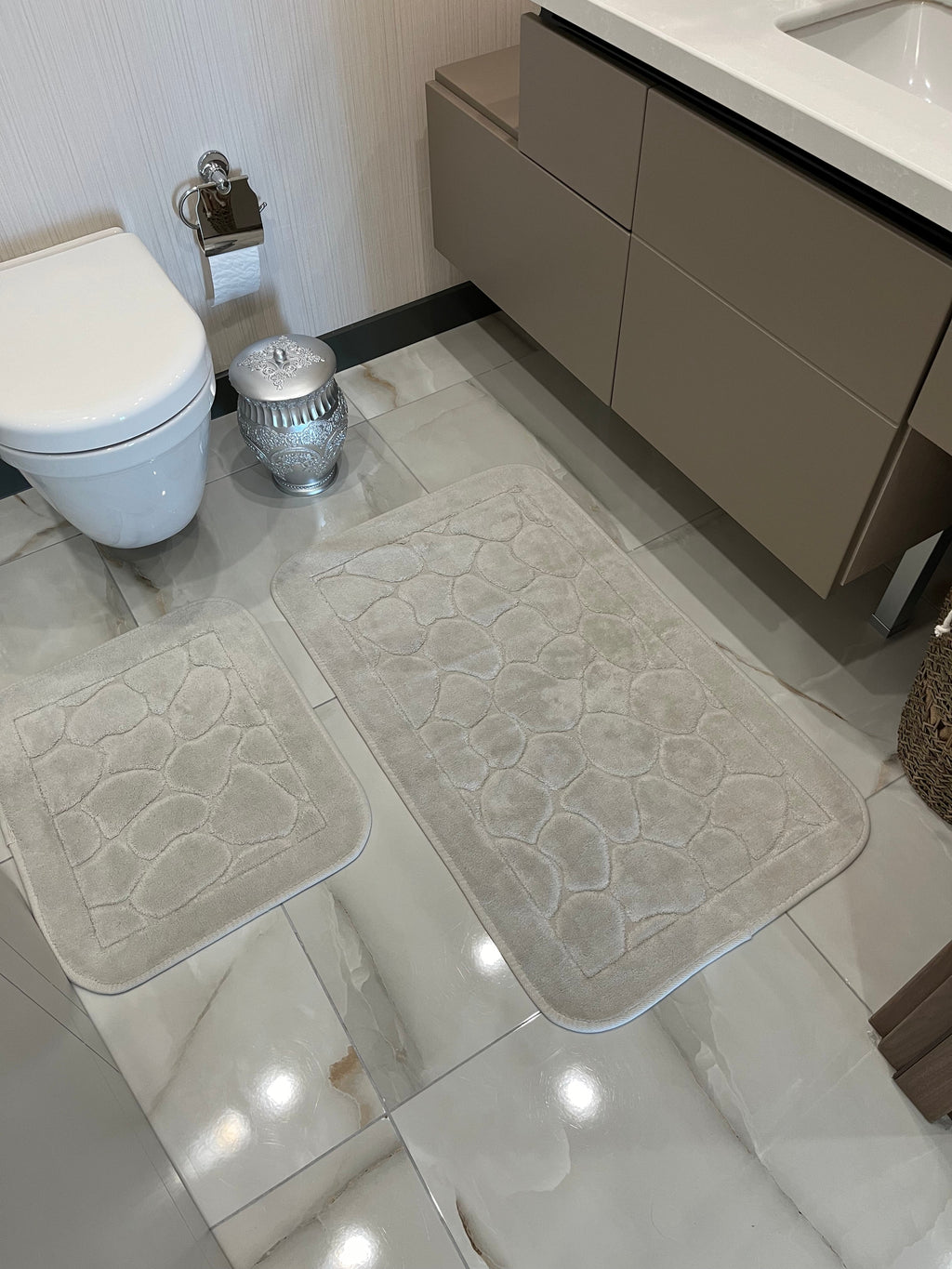 KREM - Yıkanabilir Pamuk Dokuma Taban Taban 60x100 50x60 2'li Banyo Paspas ve Klozet Takımı