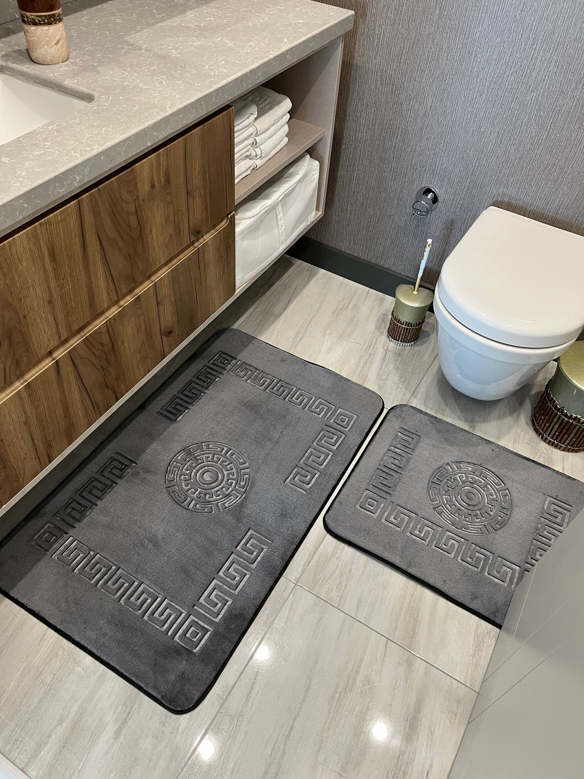 GRİ - Yıkanabilir Kaymaz Taban 60x100 50x60 2'li Banyo Paspas ve Klozet Takımı