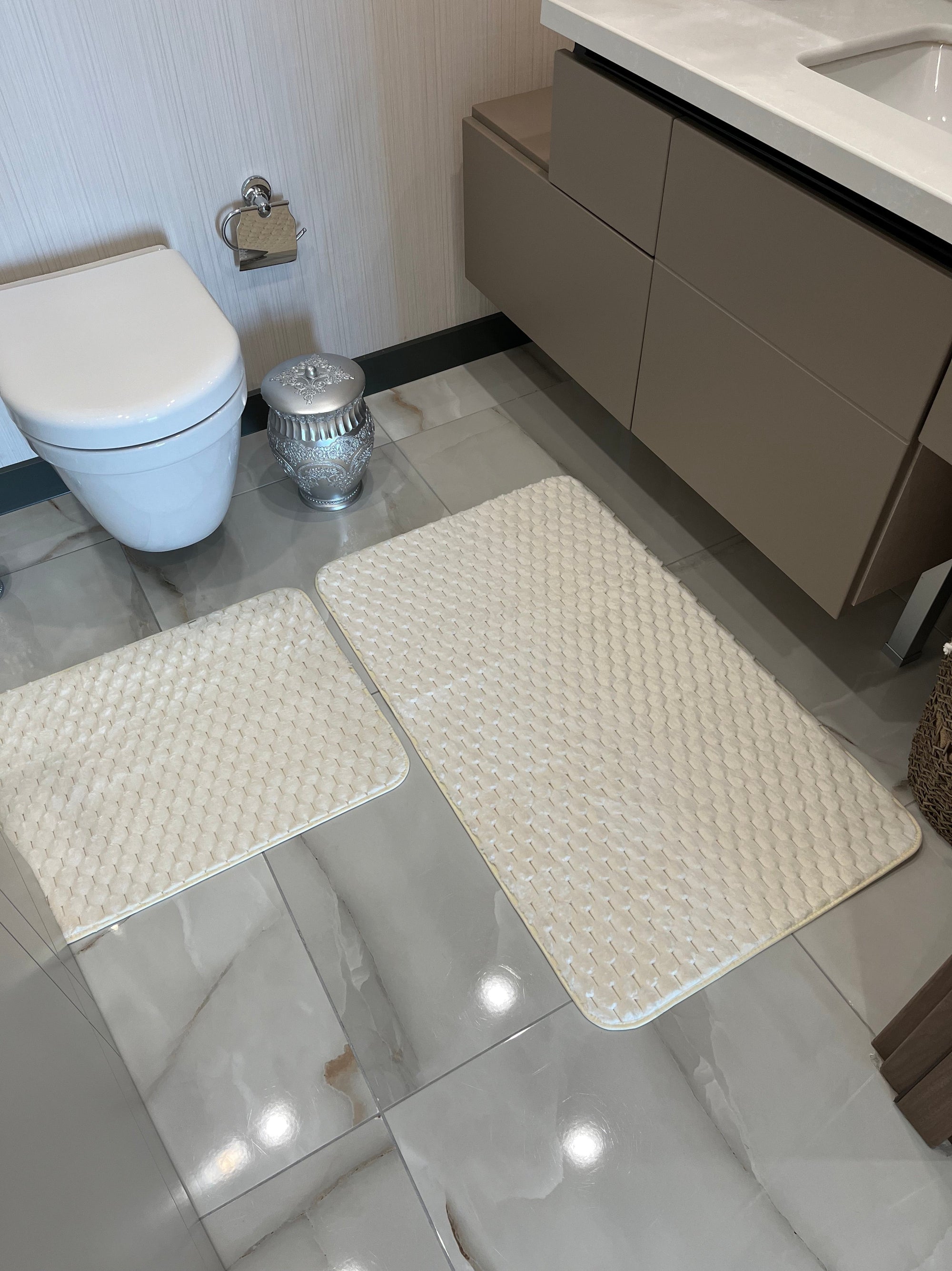 KREM - Yıkanabilir Kaymaz Taban 60x100 50x60 2'li Banyo Paspas ve Klozet Takımı