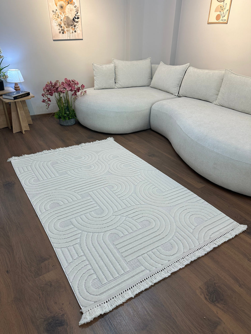 MİLAS C40 KREM Kabartmalı Kaymaz Taban Modern Geometrik Desenli Salon Koridor Mutfak Halısı-KP
