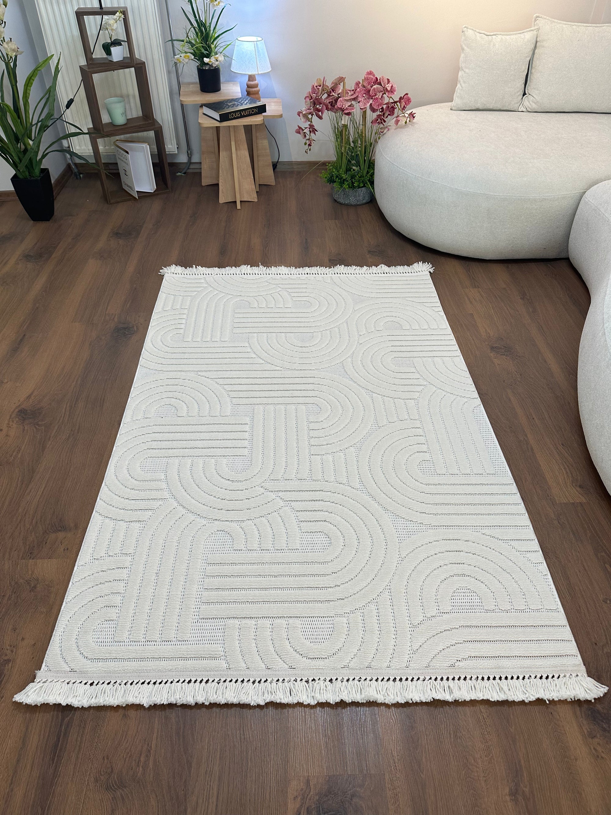 MİLAS C40 KREM Kabartmalı Kaymaz Taban Modern Geometrik Desenli Salon Koridor Mutfak Halısı-KP