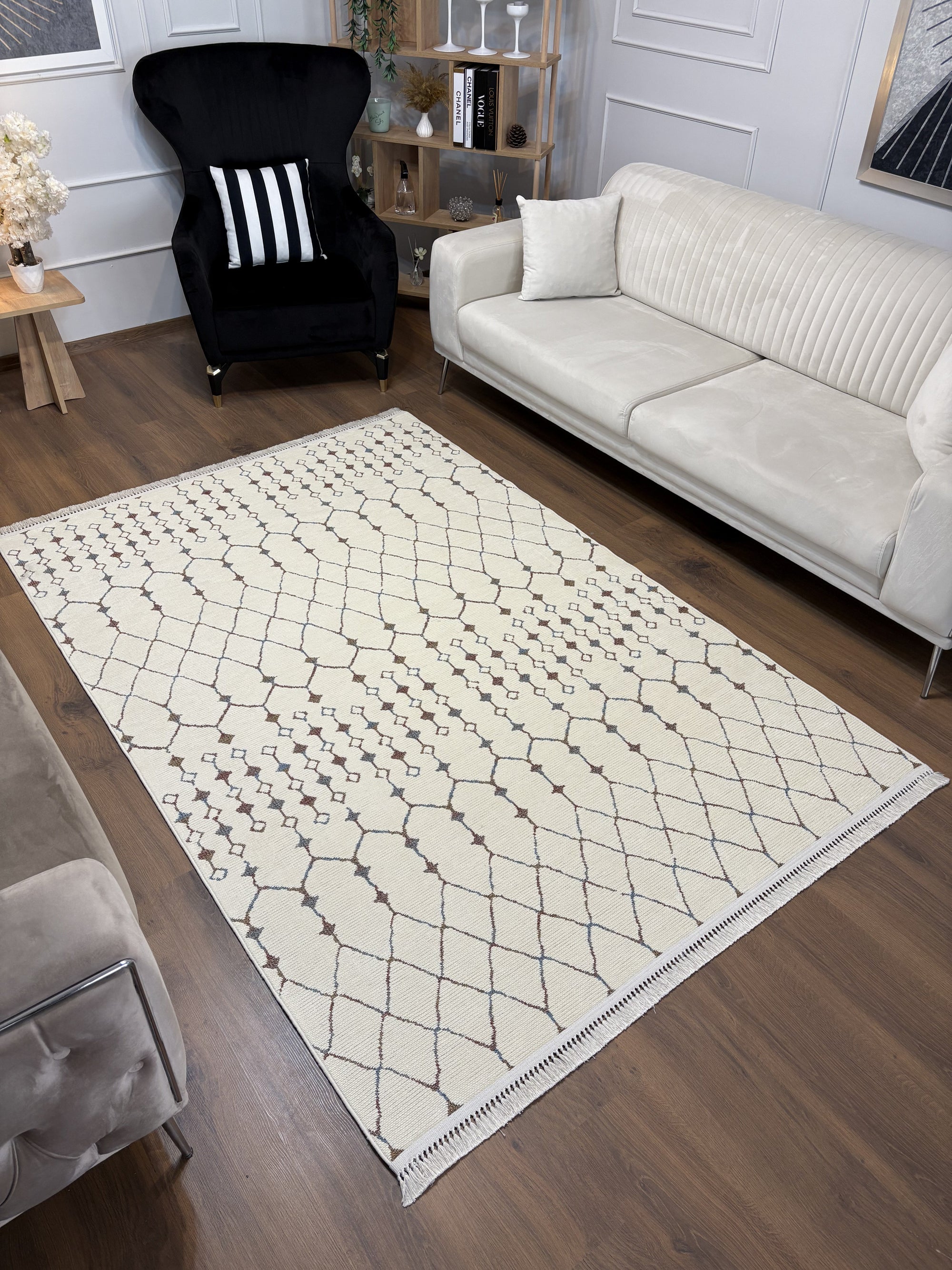 ŞÖNİL MODERN-KREM Makinede Yıkanabilir İskandinav Desenli Salon Koridor Mutfak Şönil Dokuma Halı