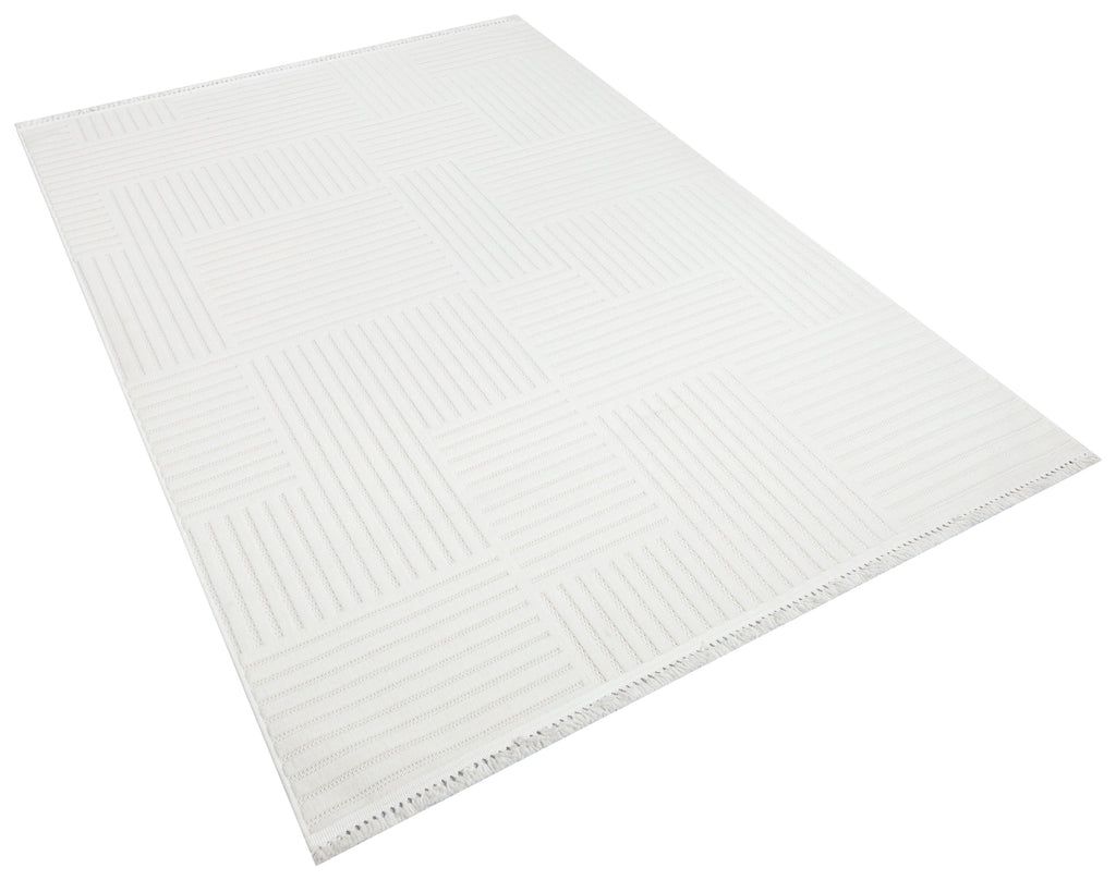 MİLAS T-LT49 KREM Kabartmalı Modern Geometrik Desenli Salon Koridor Mutfak Halısı