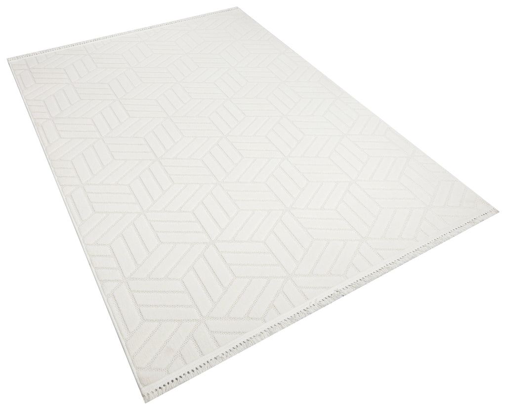 MİLAS T-LO67 KREM Kabartmalı Modern Geometrik Desenli Salon Koridor Mutfak Halısı
