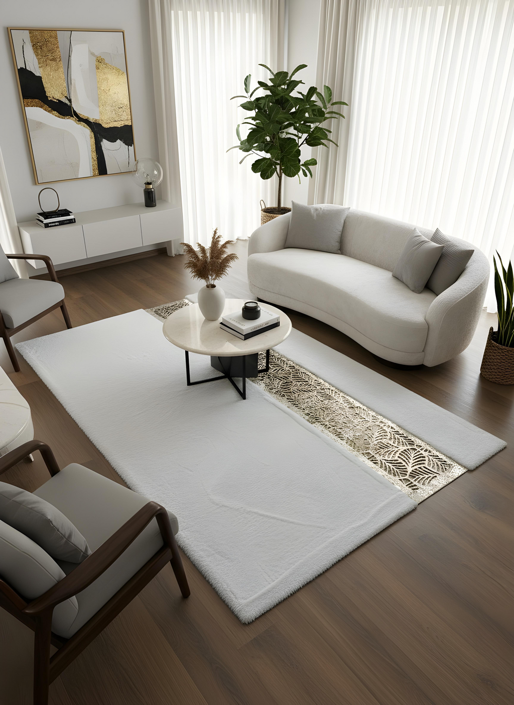 Royal Serisi İnci - El İşçiliği ile Tavşan Post ve Varaklı Deri Dekoratif Halı