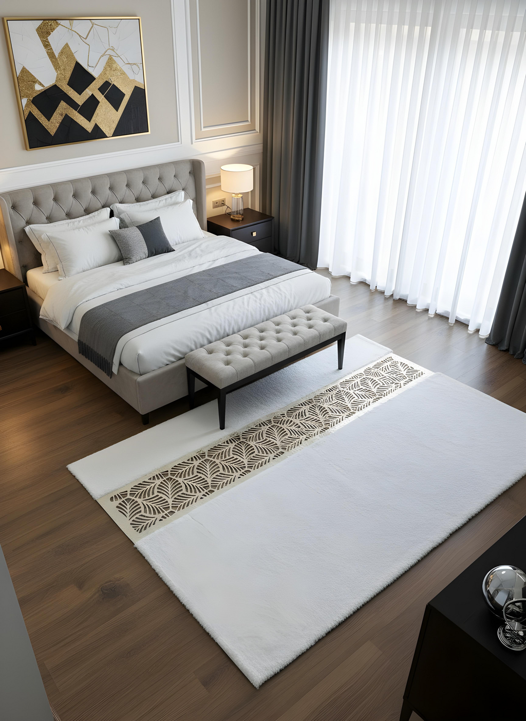 Royal Serisi İnci - El İşçiliği ile Tavşan Post ve Varaklı Deri Dekoratif Halı