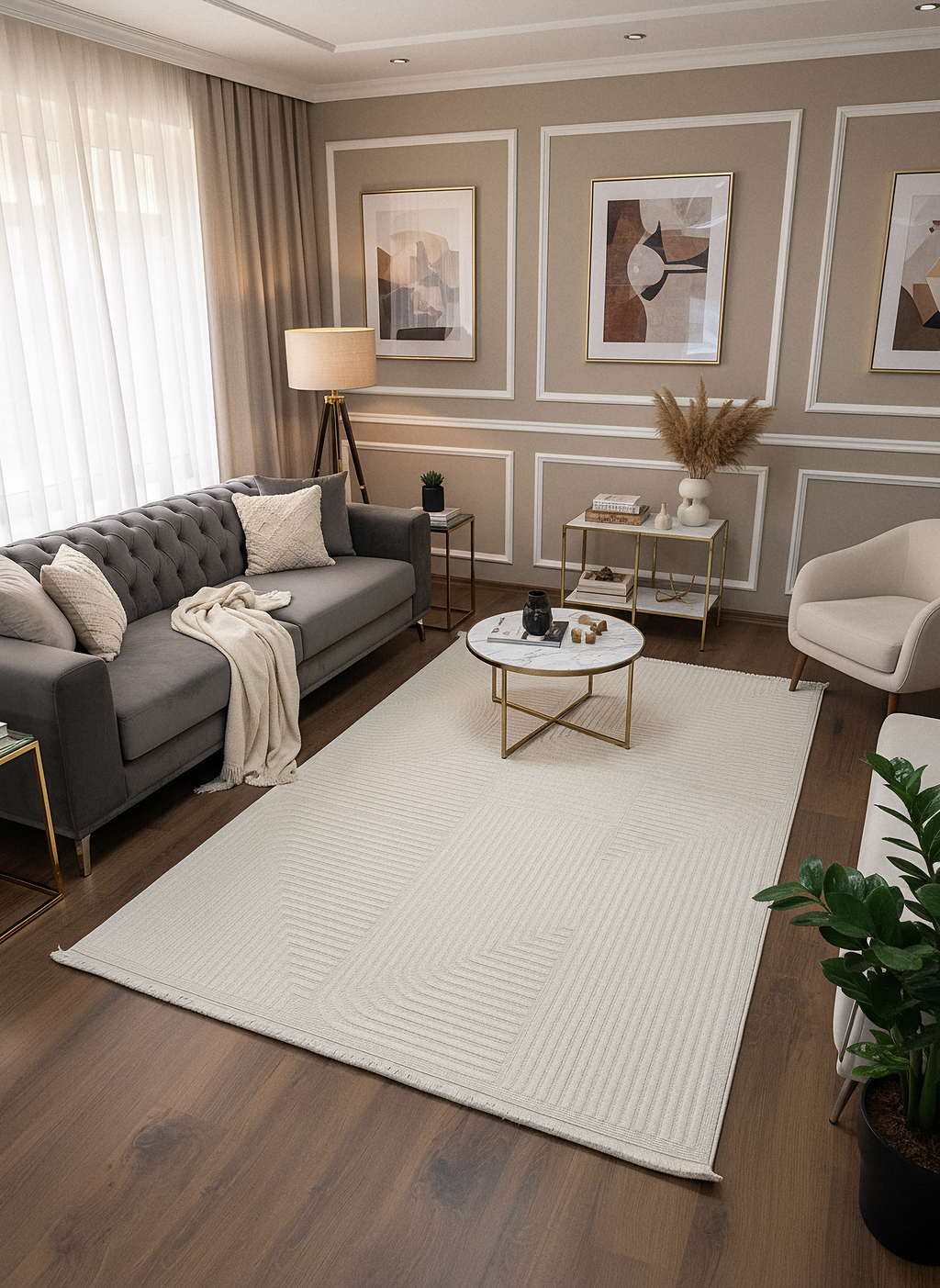 İCON T-LP04 KREM Modern Geometrik Desenli Salon Koridor Mutfak Halısı