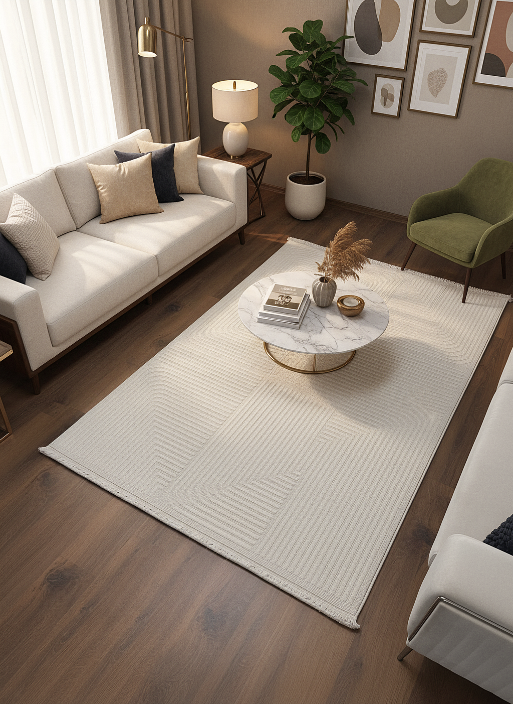 İCON T-LP04 KREM Modern Geometrik Desenli Salon Koridor Mutfak Halısı