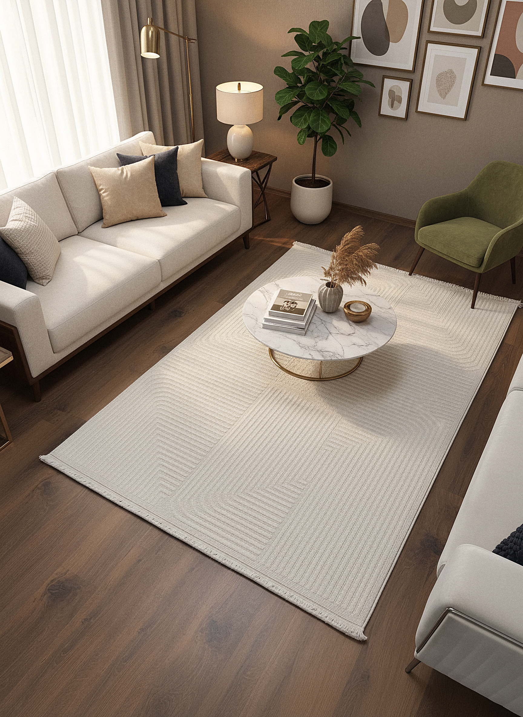 İCON T-LP04 KREM Modern Geometrik Desenli Salon Koridor Mutfak Halısı