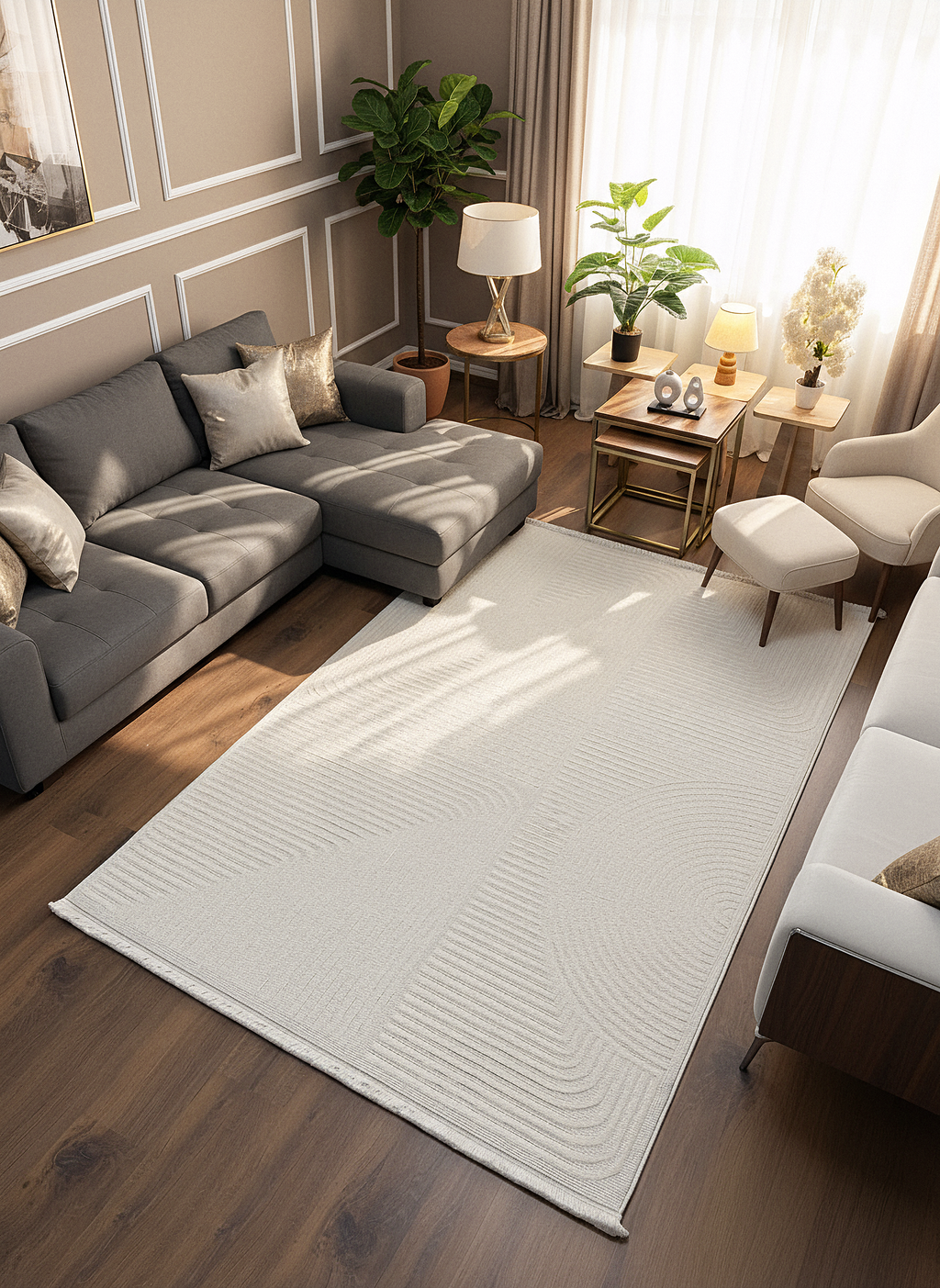 İCON T-LP04 KREM Modern Geometrik Desenli Salon Koridor Mutfak Halısı